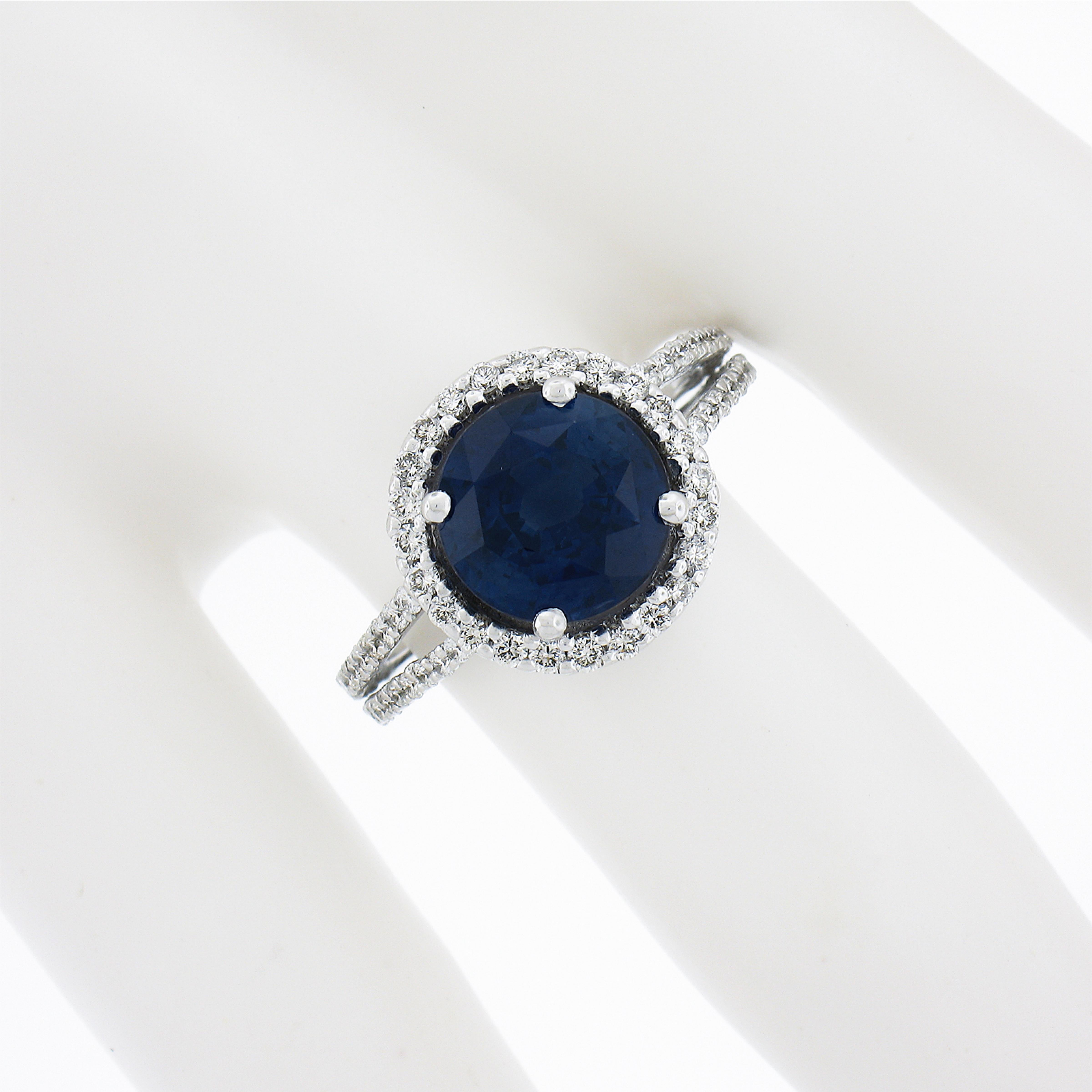 Platinum 4.26ctw Gia Round Royal Blue Sapphire W/ Diamond Halo Split Shank Ring In Excellent Condition For Sale In Montclair, NJ