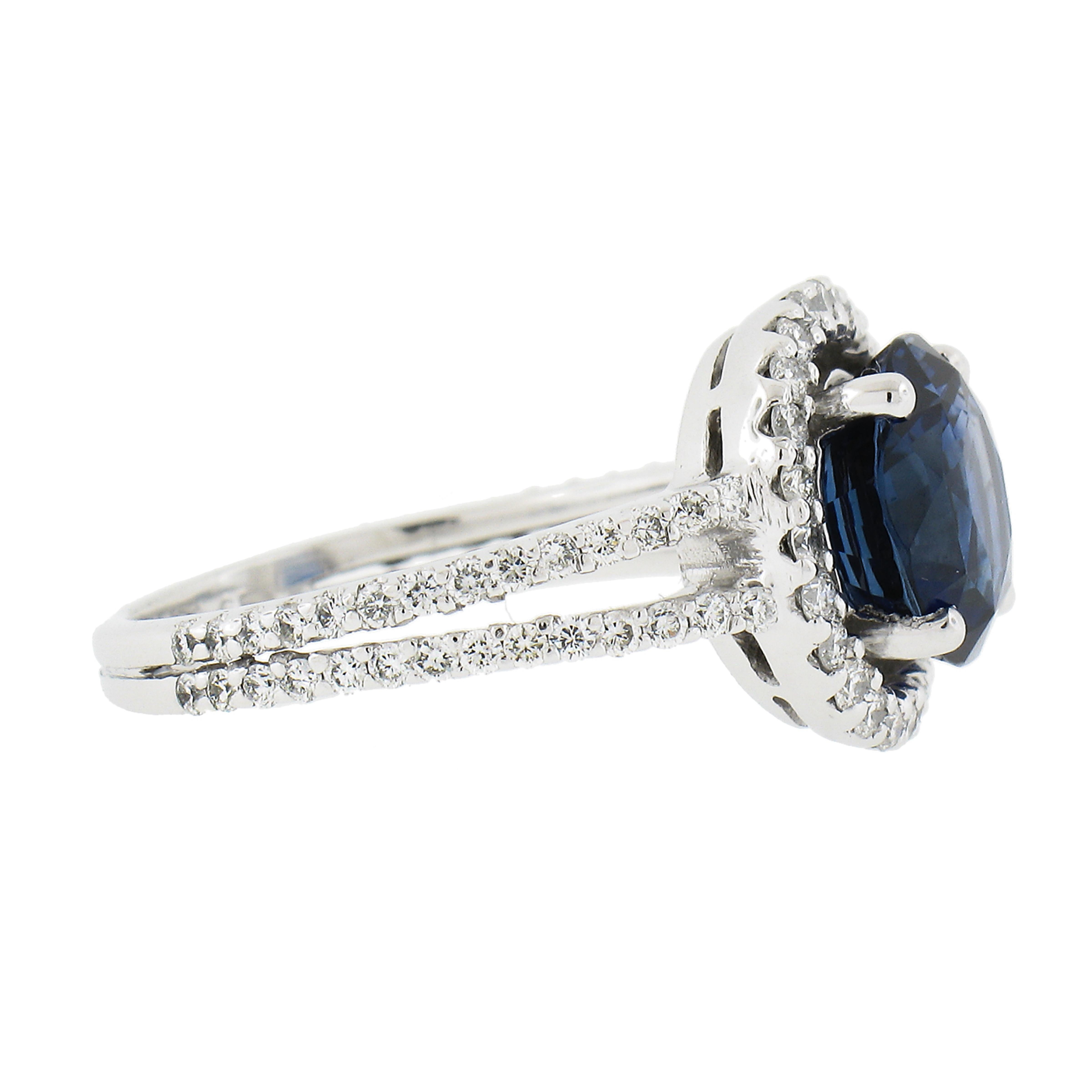 Women's Platinum 4.26ctw Gia Round Royal Blue Sapphire W/ Diamond Halo Split Shank Ring For Sale