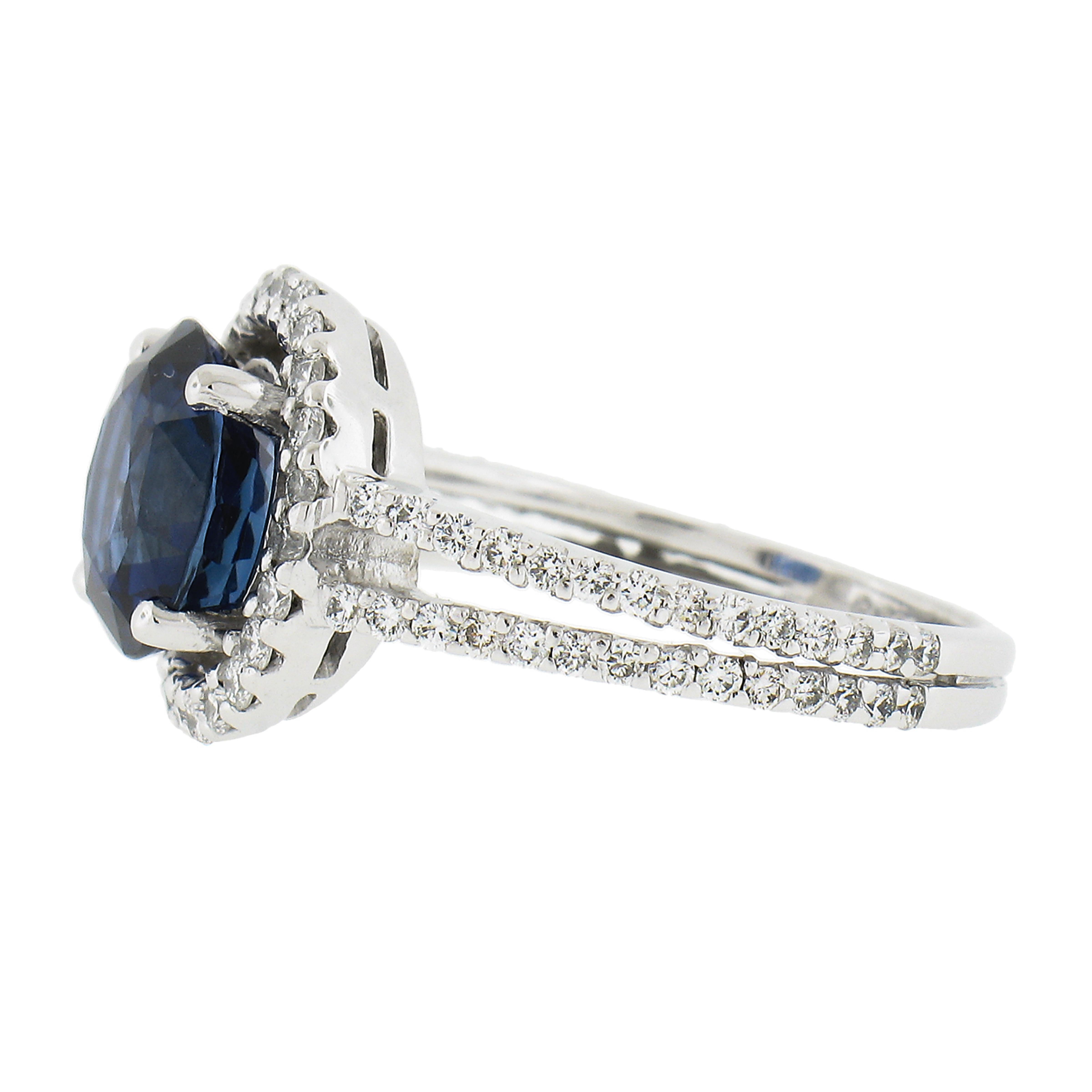 Platinum 4.26ctw Gia Round Royal Blue Sapphire W/ Diamond Halo Split Shank Ring For Sale 1