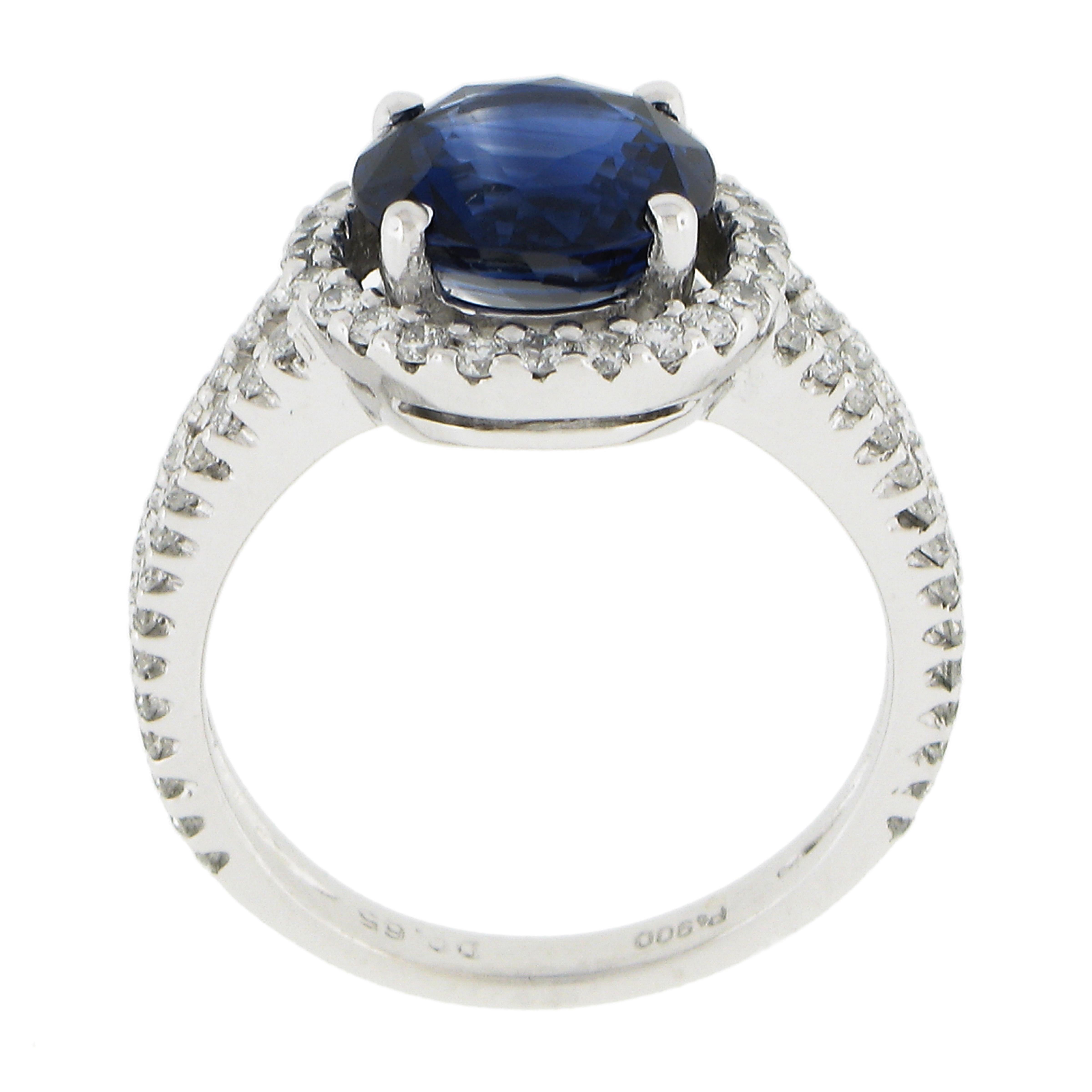 Platinum 4.26ctw Gia Round Royal Blue Sapphire W/ Diamond Halo Split Shank Ring For Sale 3