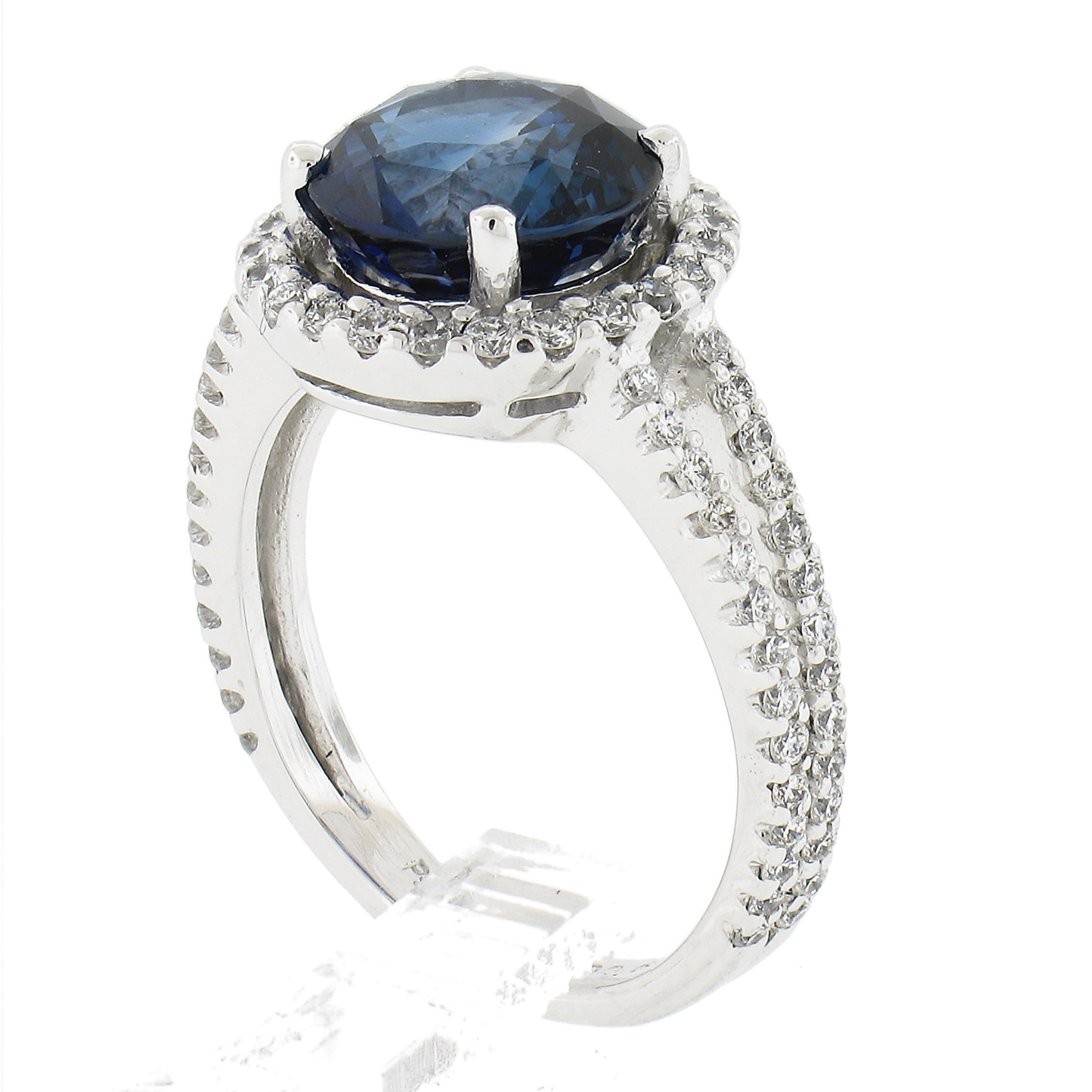 Platinum 4.26ctw Gia Round Royal Blue Sapphire W/ Diamond Halo Split Shank Ring For Sale 4