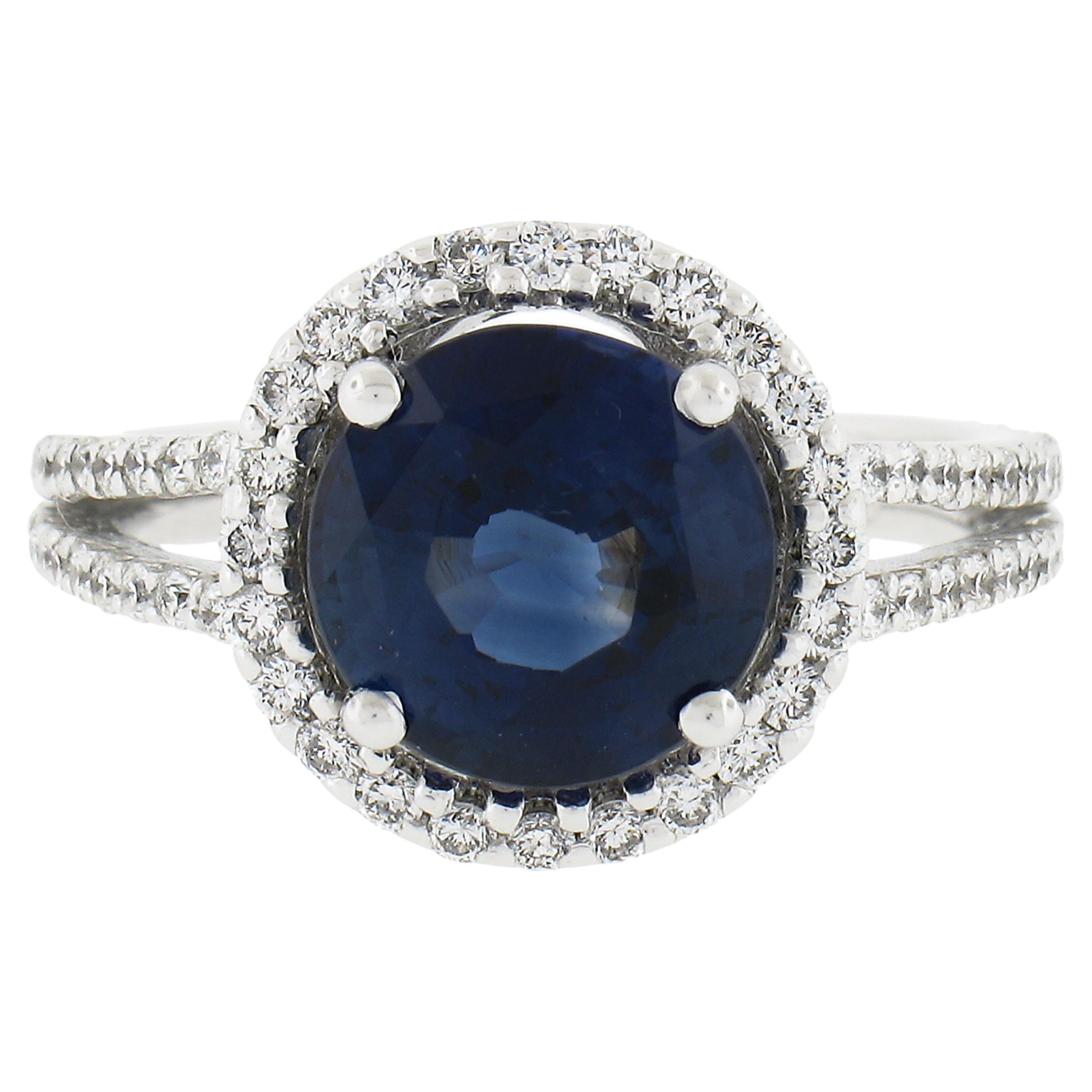 Platinum 4.26ctw Gia Round Royal Blue Sapphire W/ Diamond Halo Split Shank Ring For Sale