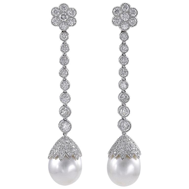 Sophia D. 4.27 Carat Diamond and Pearl Platinum Earrings  For Sale