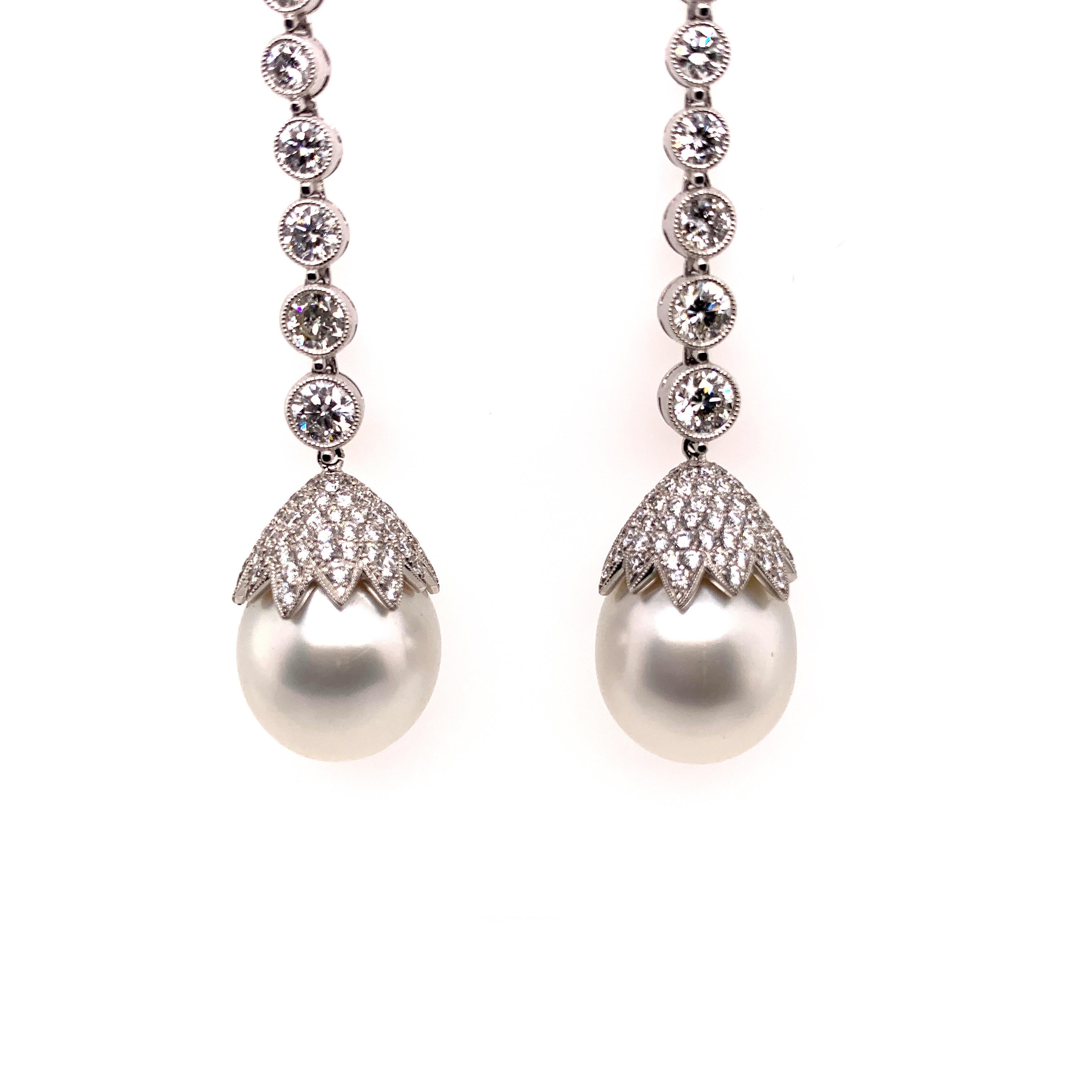 Women's Sophia D. 4.27 Carat Diamond and Pearl Platinum Earrings  For Sale