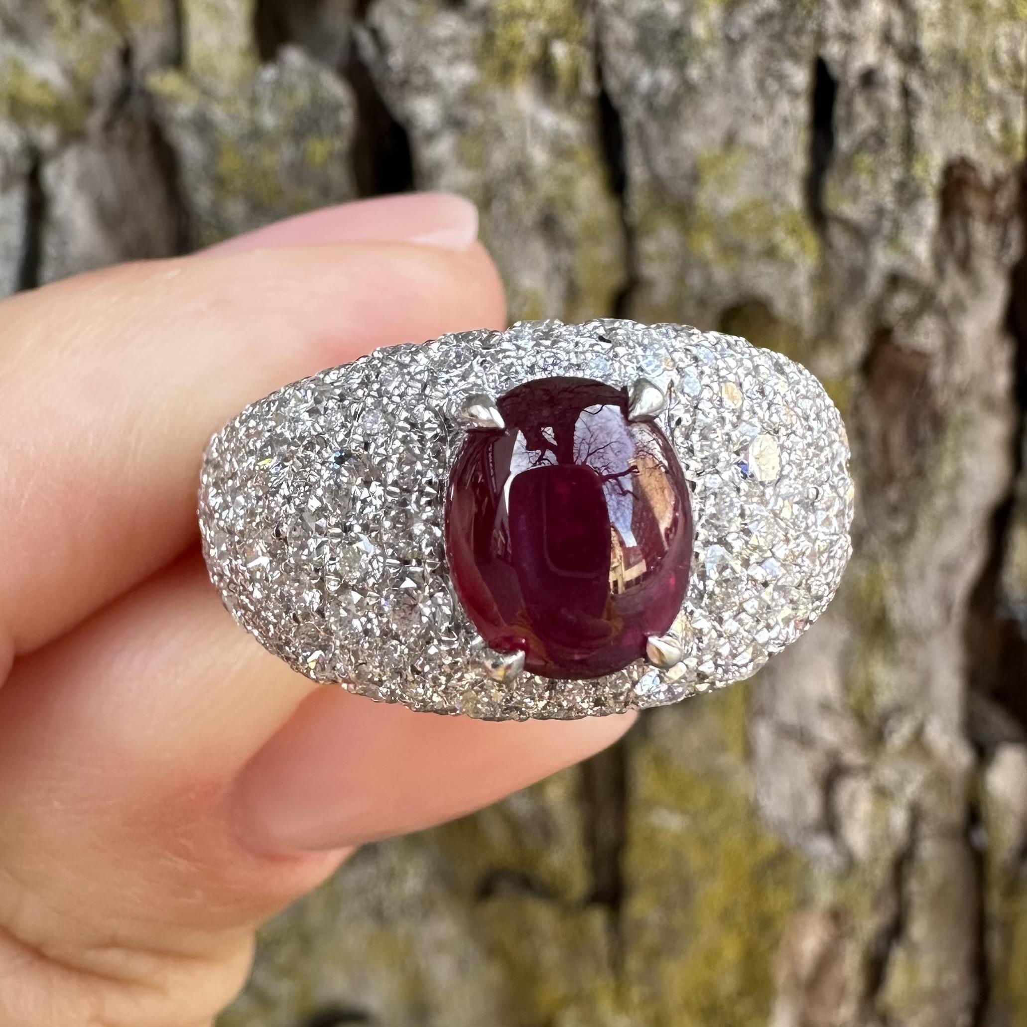 Platinum 4.2ctw GIA No Heat Burma Star Ruby Pave Diamond Covered Wide Band Ring im Angebot 11