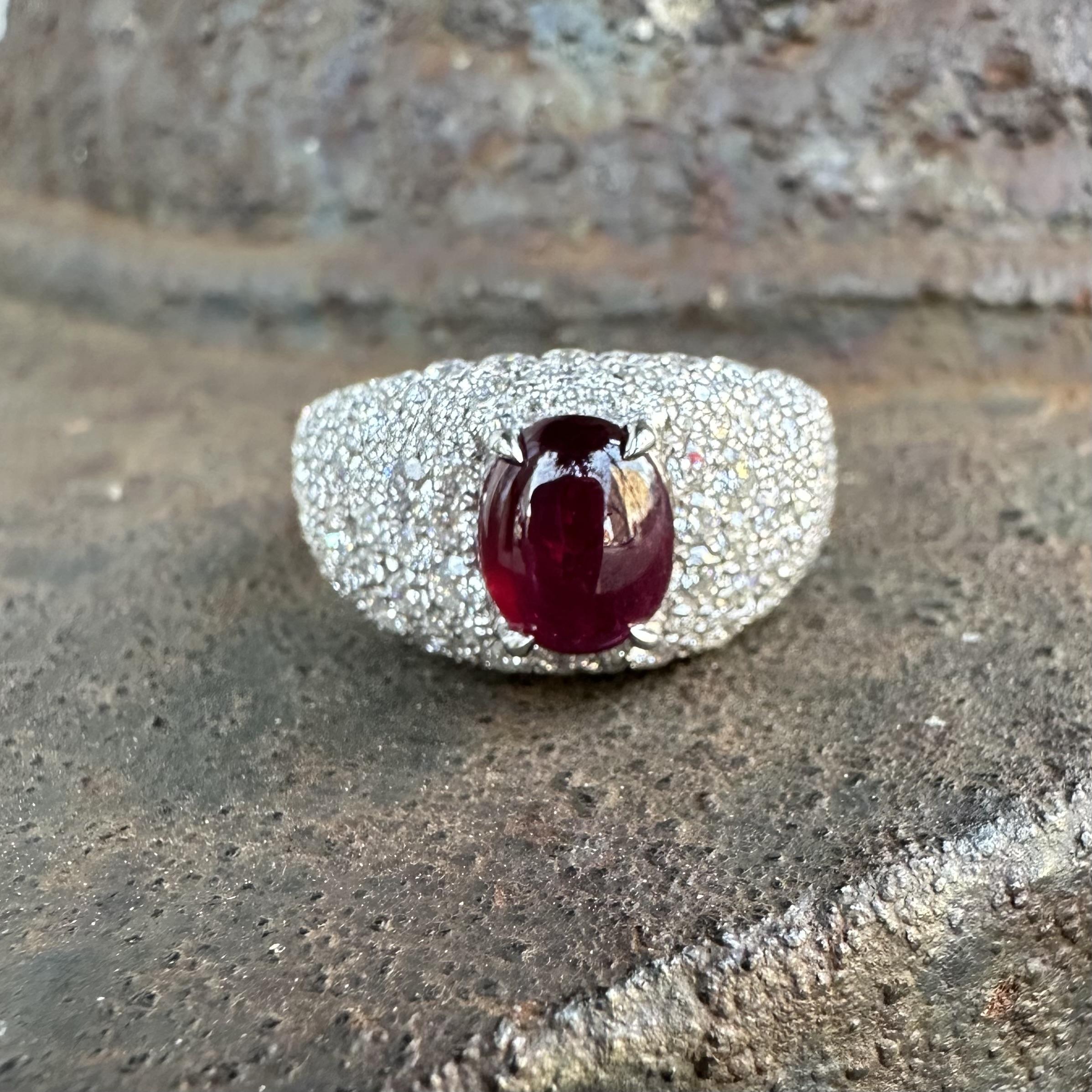 Platinum 4.2ctw GIA No Heat Burma Star Ruby Pave Diamond Covered Wide Band Ring im Angebot 12