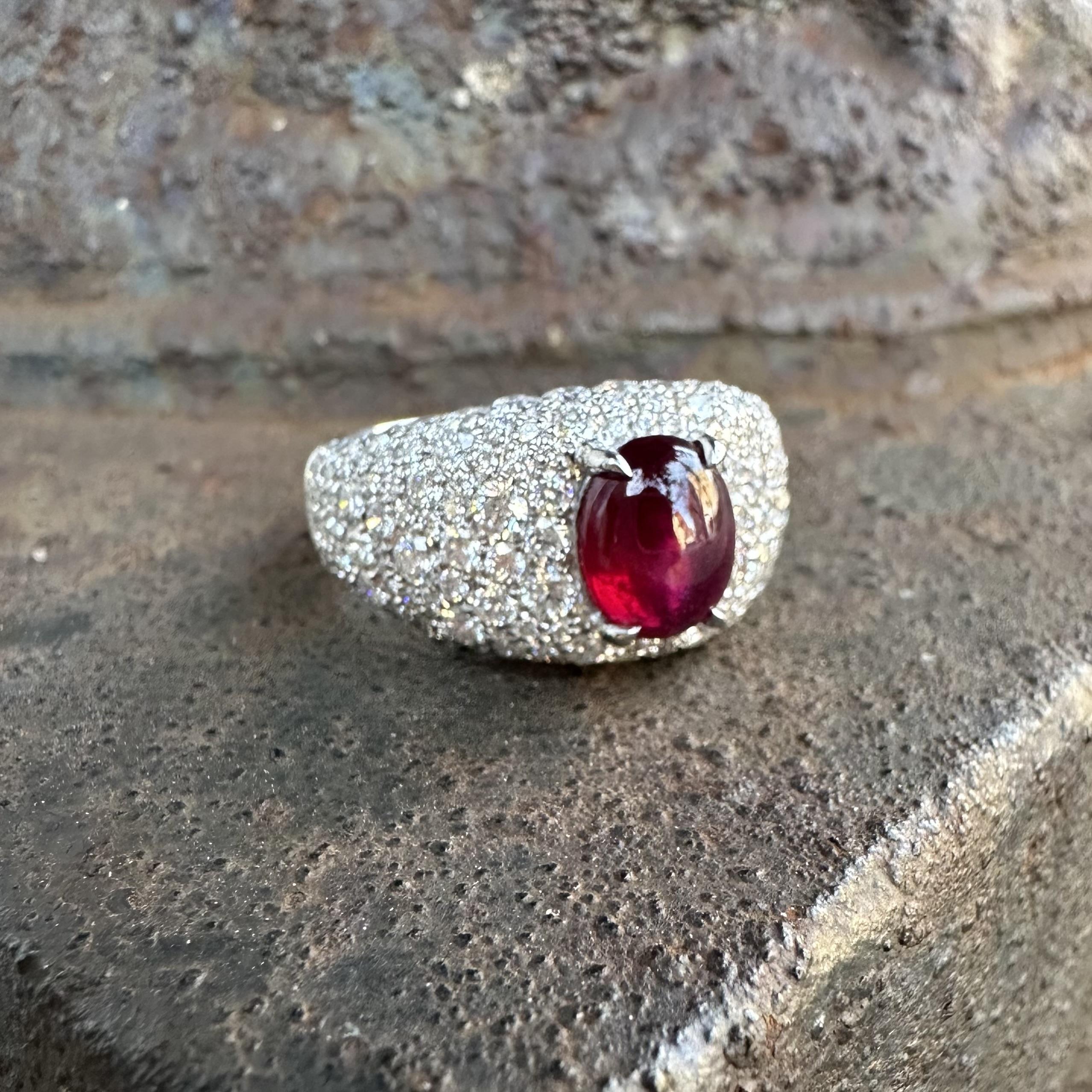 Platinum 4.2ctw GIA No Heat Burma Star Ruby Pave Diamond Covered Wide Band Ring im Angebot 13