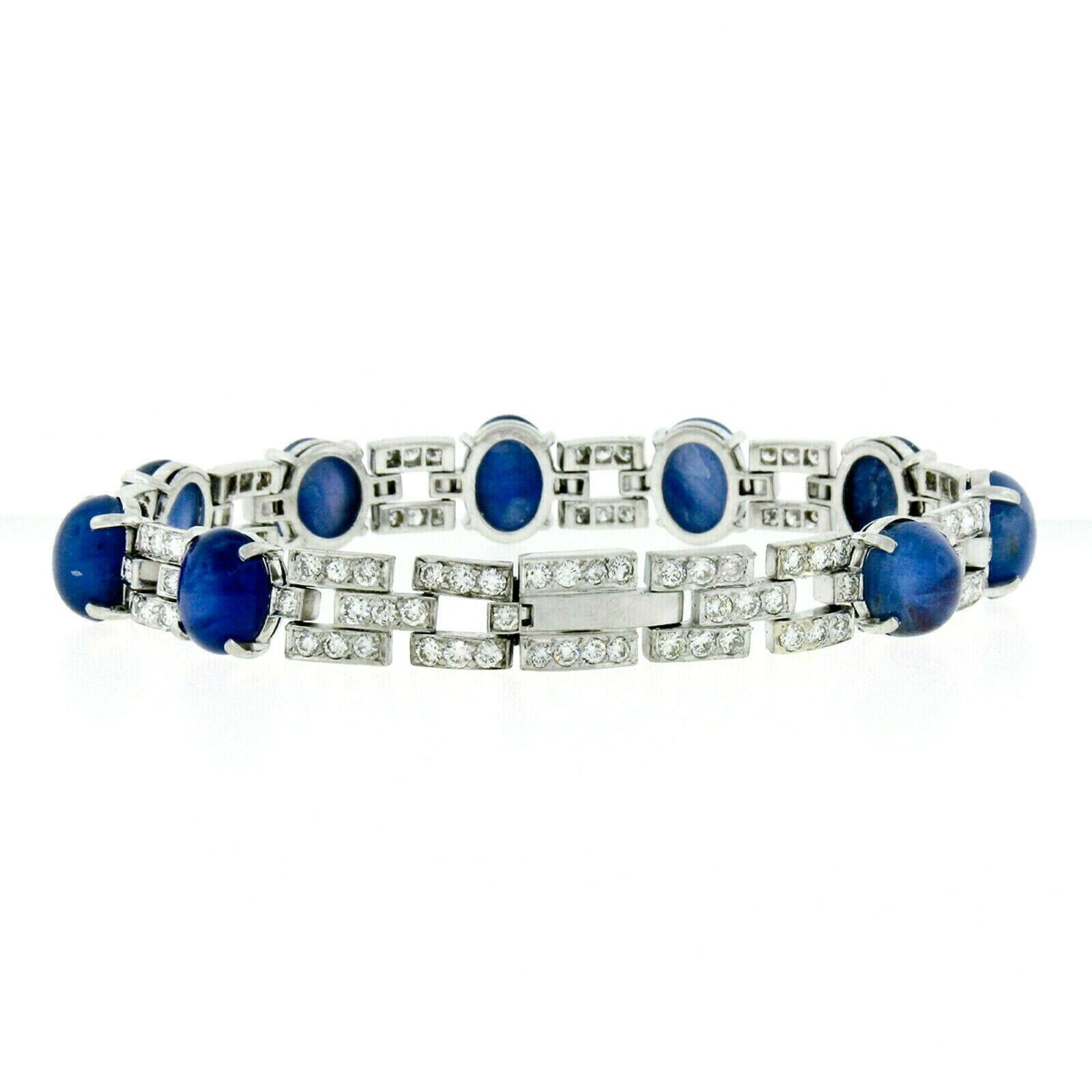 Taille cabochon Bracelet tennis en platine avec saphir étoilé de Birmanie cabochon non chauffé et diamants 43,57 carats en vente