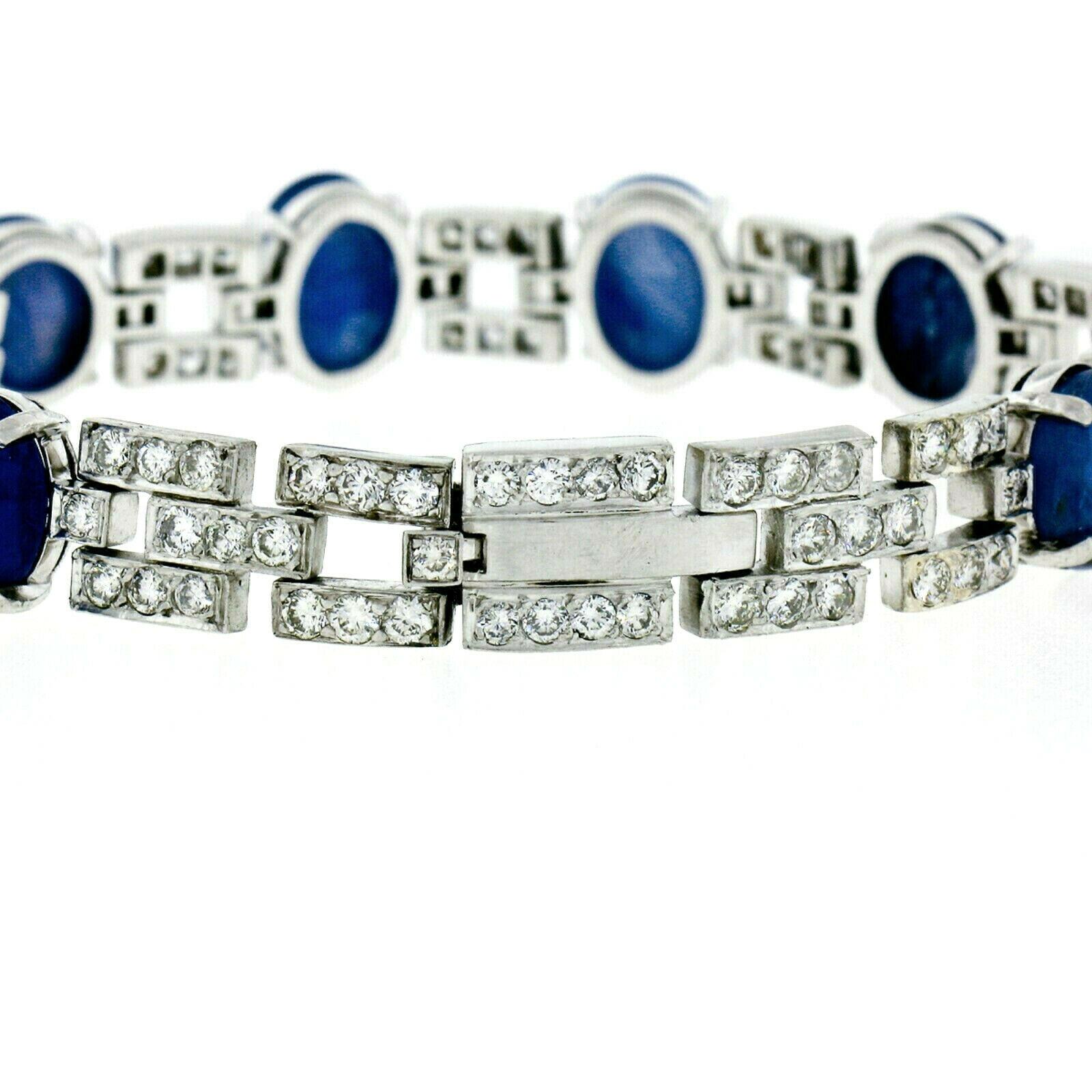 Bracelet tennis en platine avec saphir étoilé de Birmanie cabochon non chauffé et diamants 43,57 carats Excellent état - En vente à Montclair, NJ