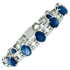 Platinum 43.57ctw Burma No Heat Cabochon Star Sapphire & Diamond Tennis Bracelet