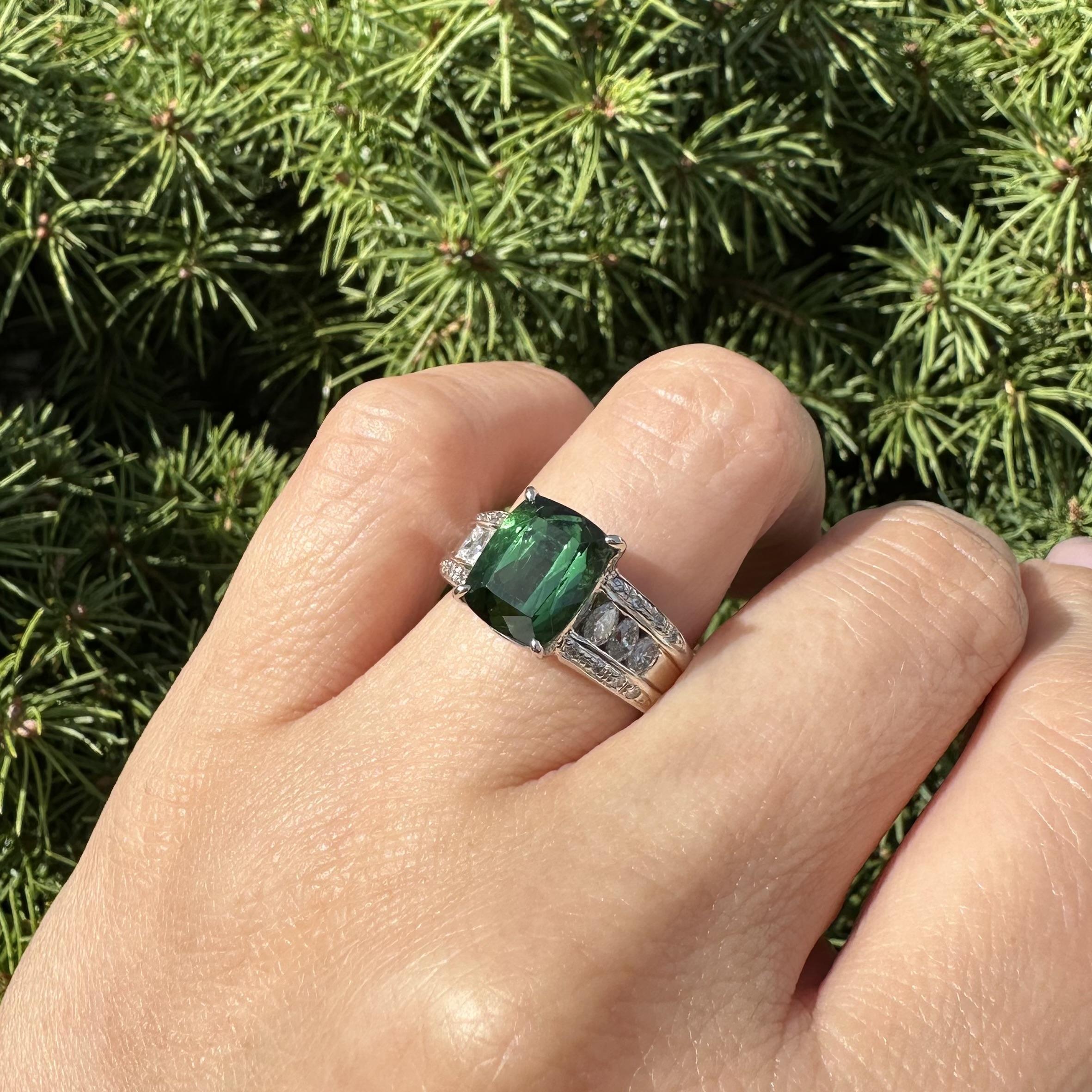 Platin 4,36ctw Cushion Cut Turmalin Marquise Runde Diamant Ring im Angebot 9