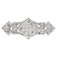 Vintage Platinum 4.50 Carats Carre Baguette And Round Cut Diamond Brooch