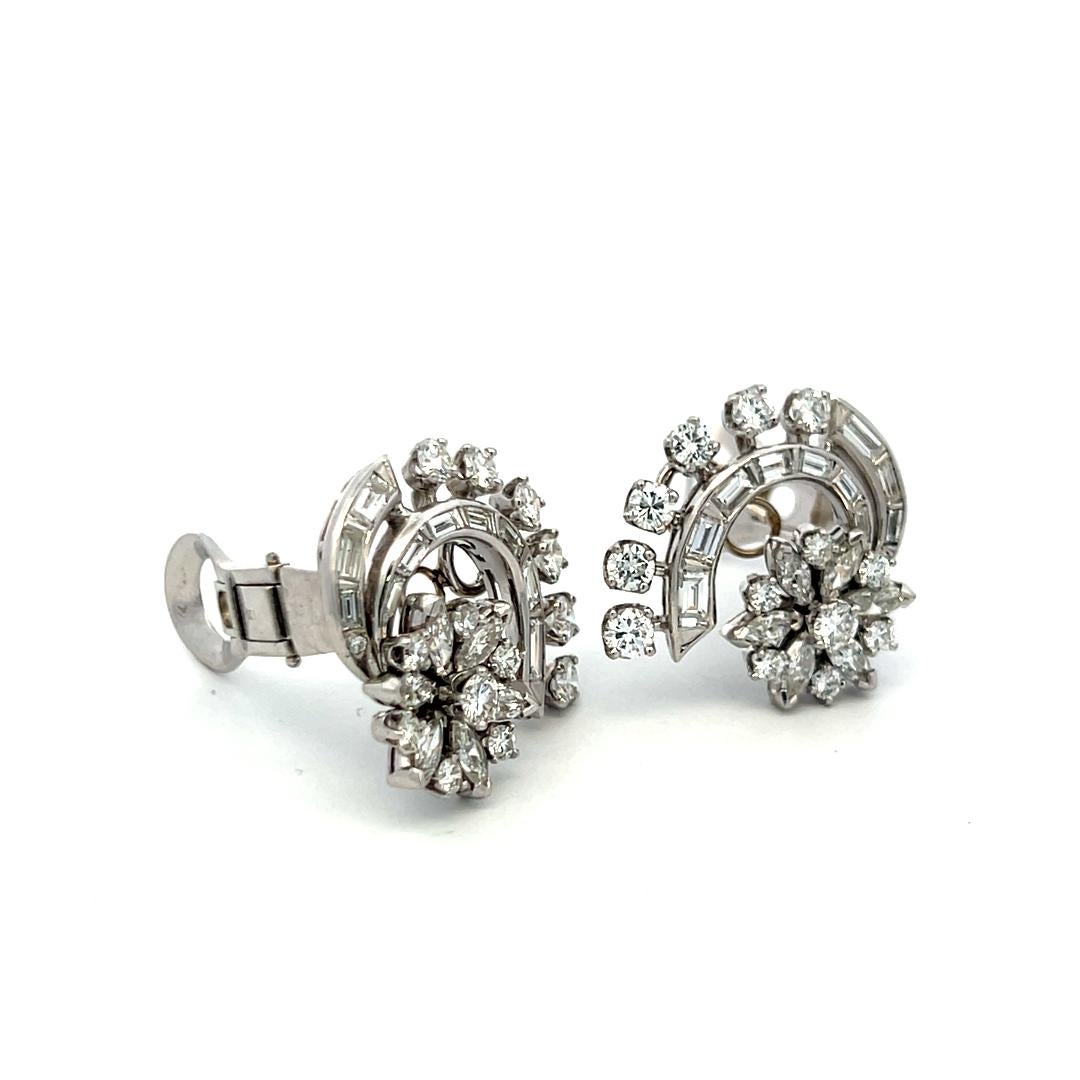 Pendientes de clip vintage de platino con diamantes marquesa y redondos brillantes de 4,50 ct en venta 8