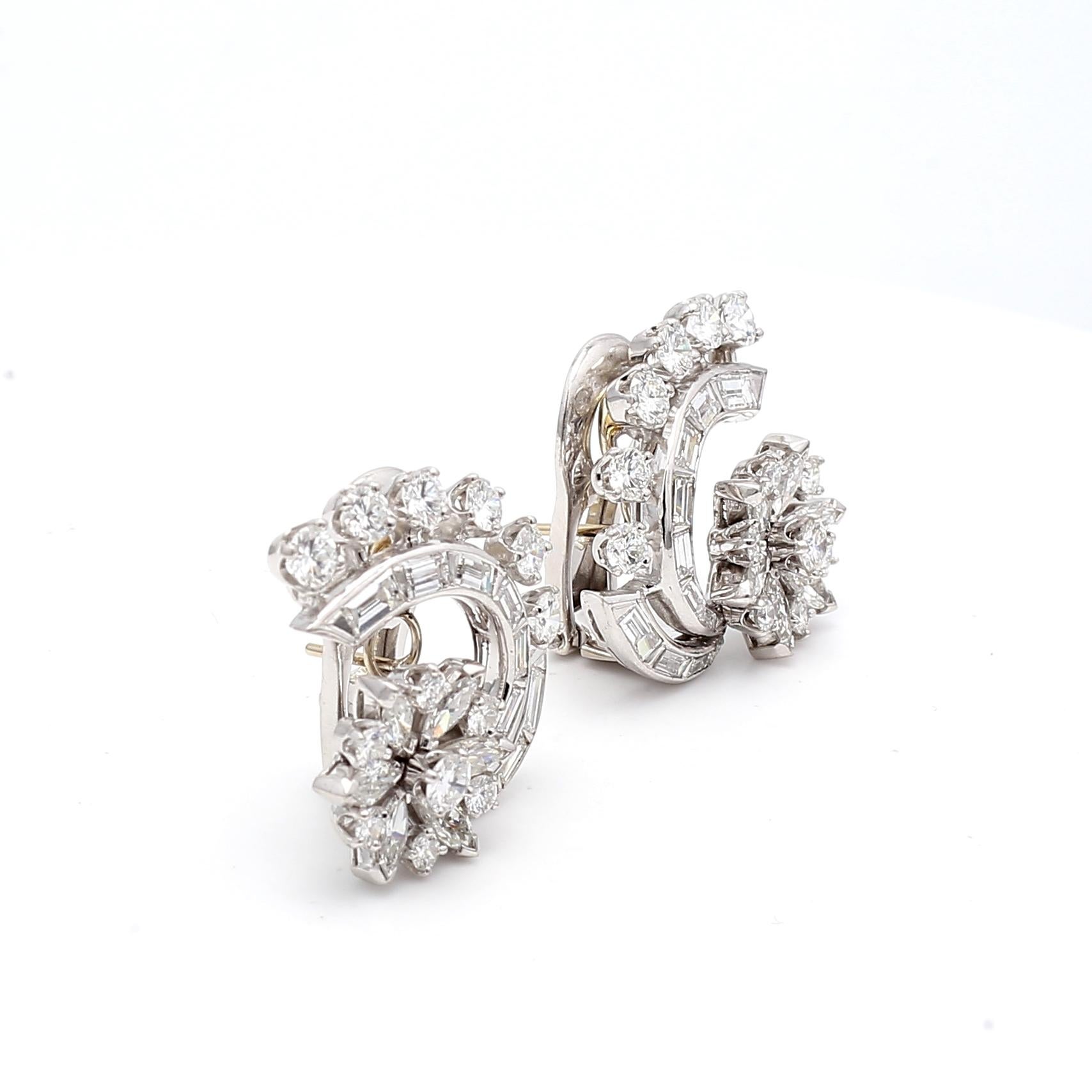 Pendientes de clip vintage de platino con diamantes marquesa y redondos brillantes de 4,50 ct en venta 14
