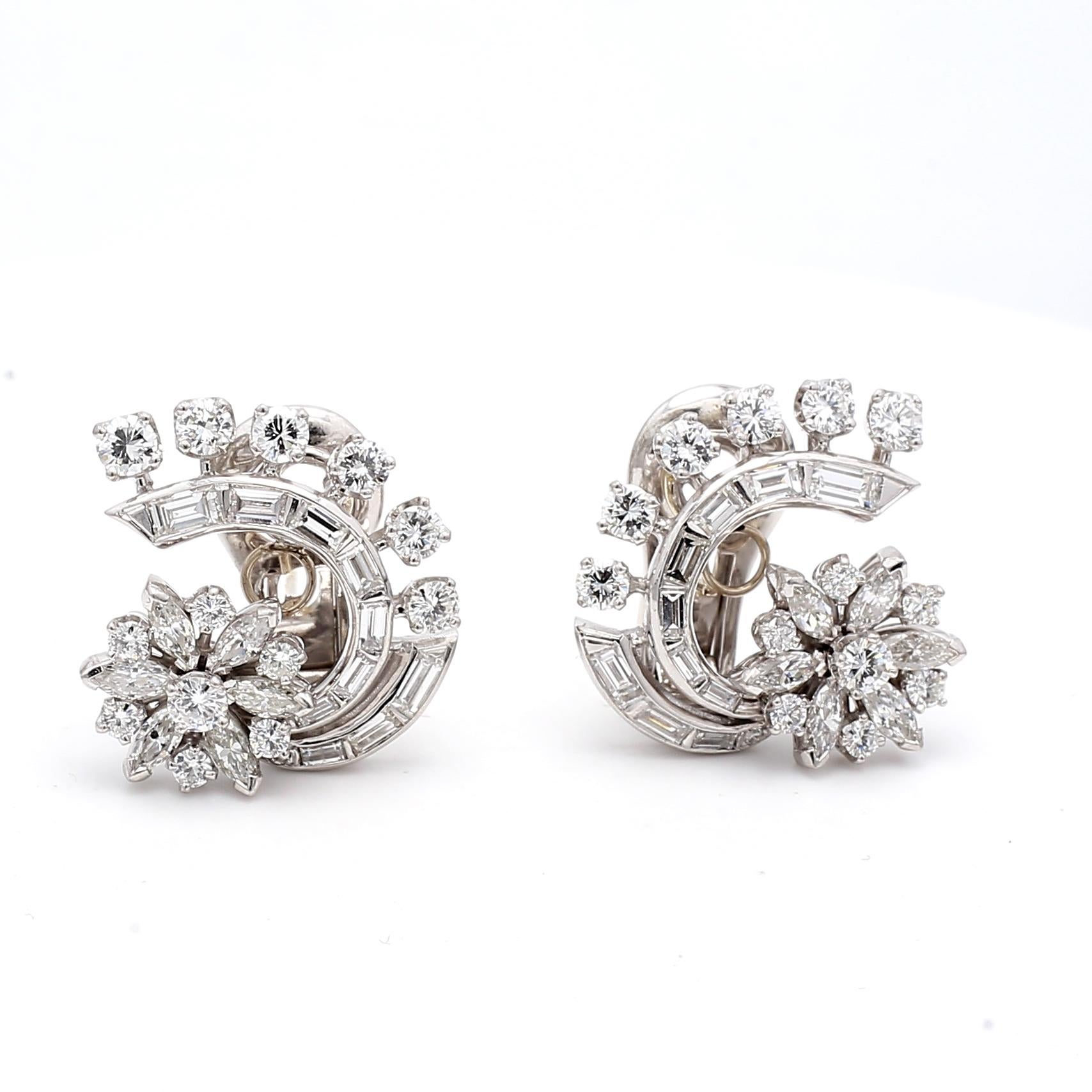 Pendientes de clip vintage de platino con diamantes marquesa y redondos brillantes de 4,50 ct en venta 15