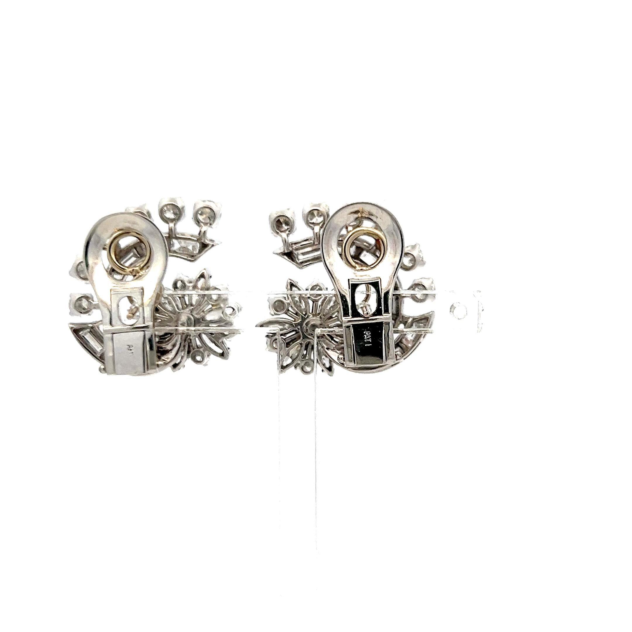 Pendientes de clip vintage de platino con diamantes marquesa y redondos brillantes de 4,50 ct Corte mixto en venta