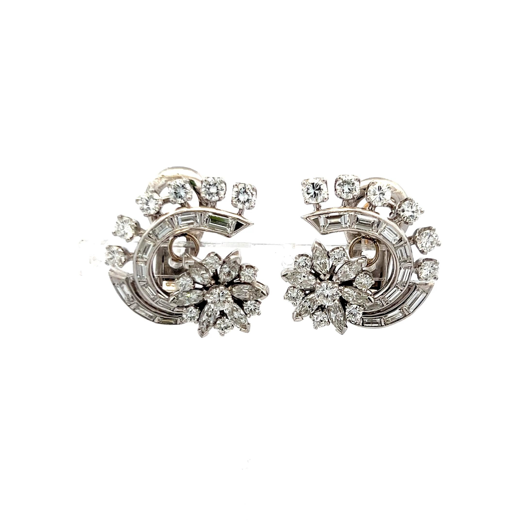 De las mujeres Pendientes de clip vintage de platino con diamantes marquesa y redondos brillantes de 4,50 ct en venta