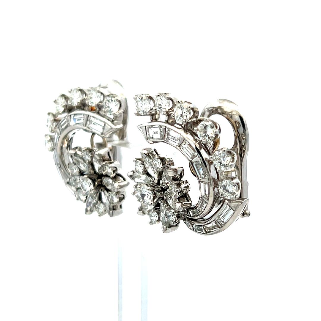 Pendientes de clip vintage de platino con diamantes marquesa y redondos brillantes de 4,50 ct en venta 1