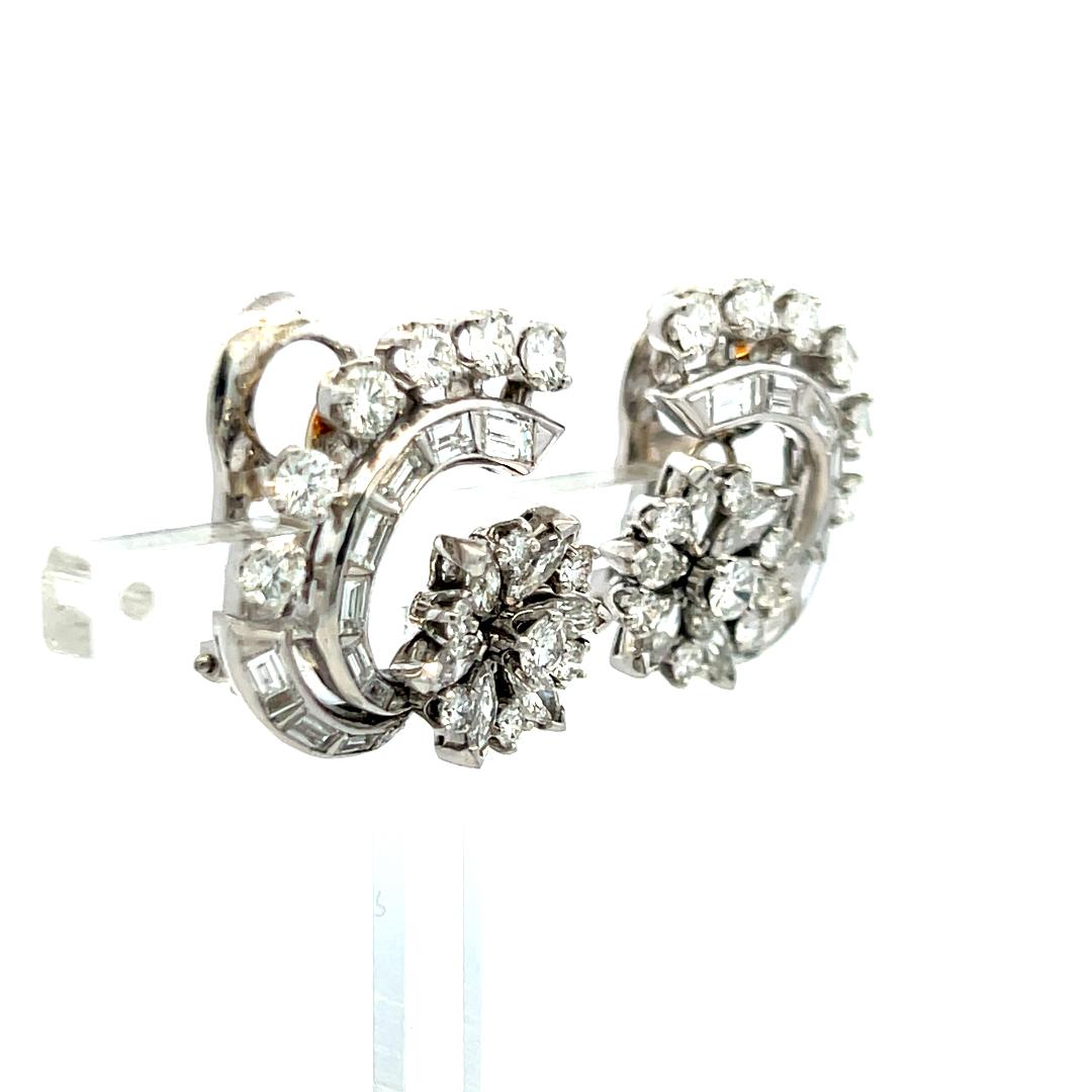 Pendientes de clip vintage de platino con diamantes marquesa y redondos brillantes de 4,50 ct en venta 2