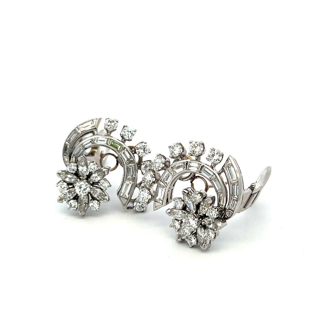Pendientes de clip vintage de platino con diamantes marquesa y redondos brillantes de 4,50 ct en venta 3