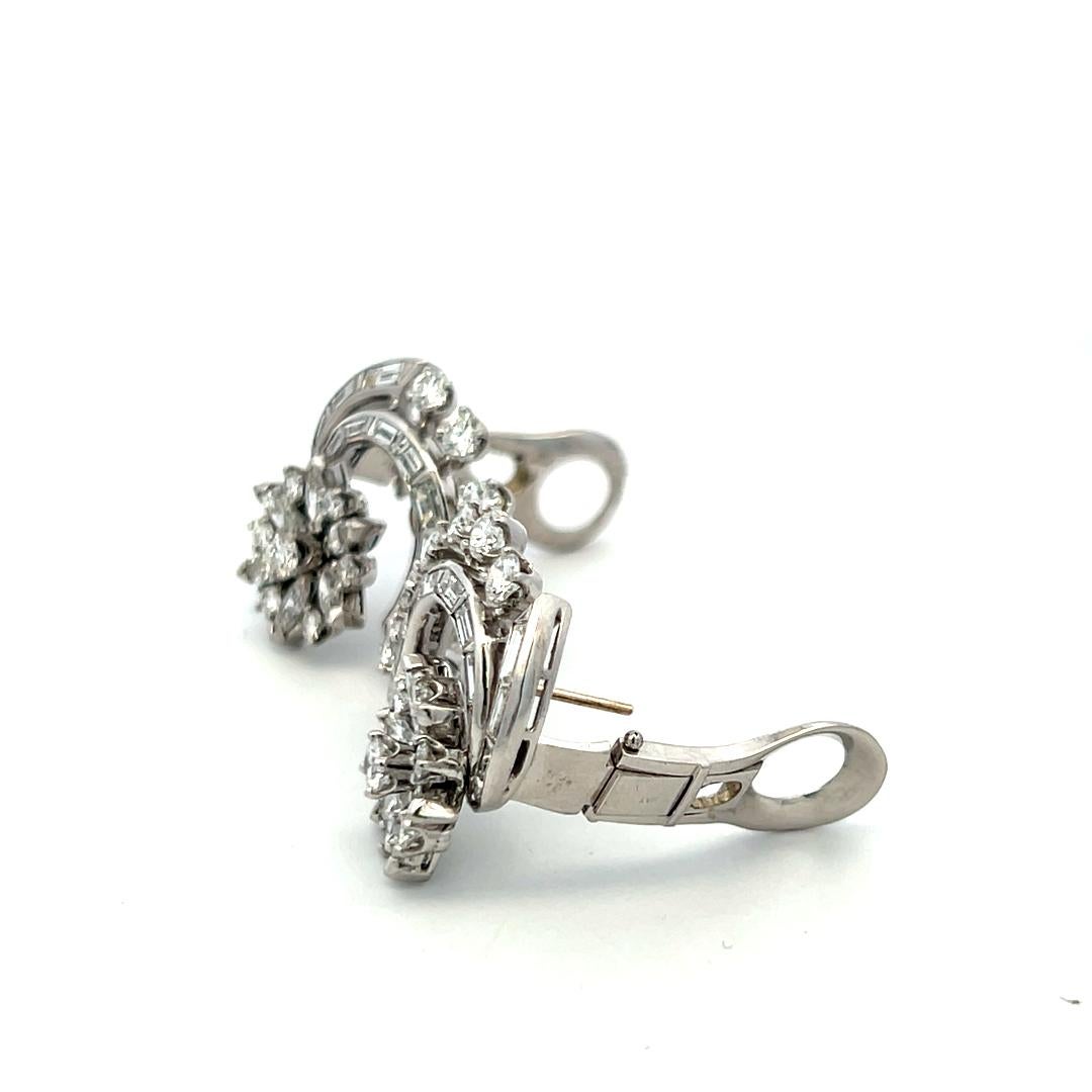 Pendientes de clip vintage de platino con diamantes marquesa y redondos brillantes de 4,50 ct en venta 4