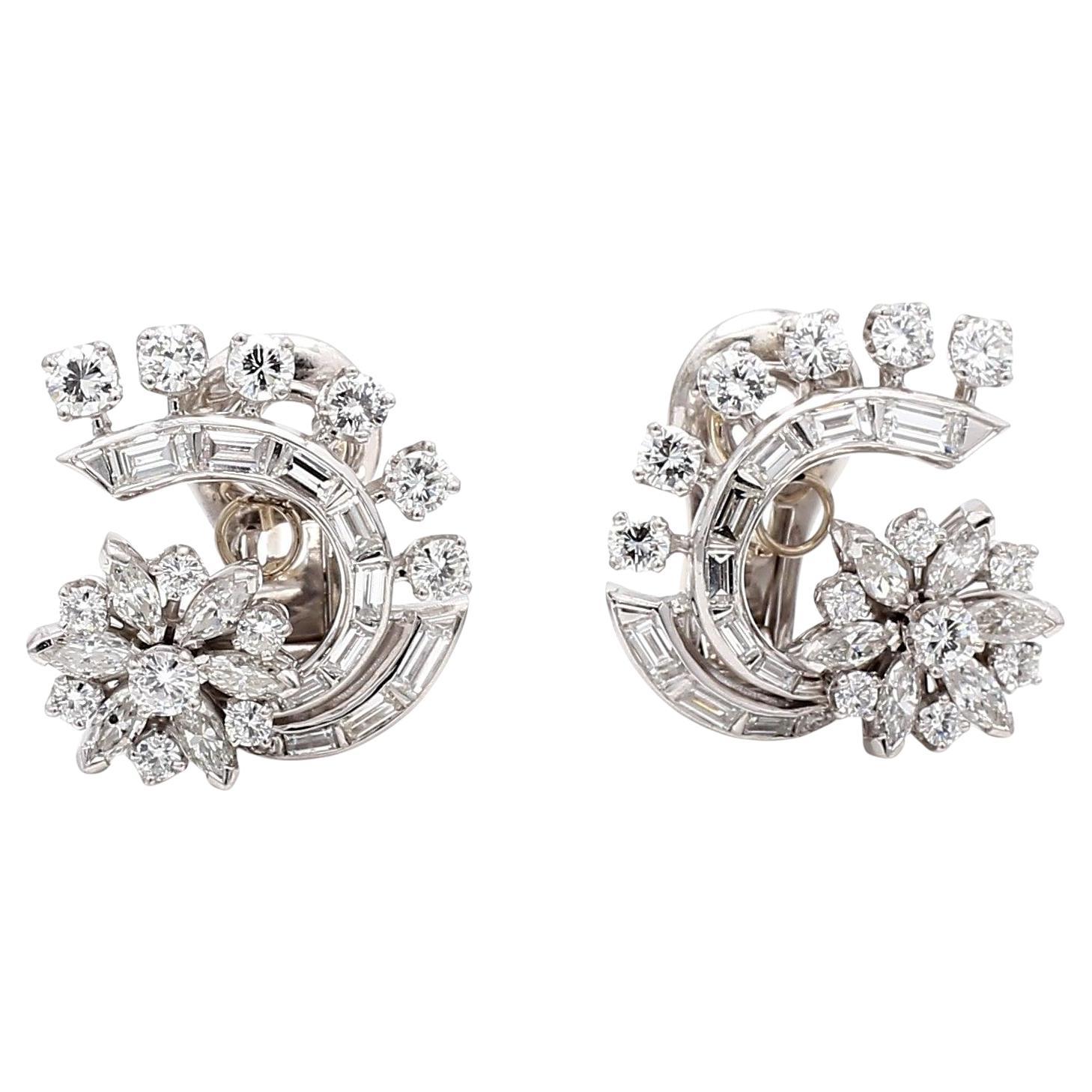 Platinum 4.50ct Diamond Marquis 
Round Brilliant Vintage Clip-On Earrings
