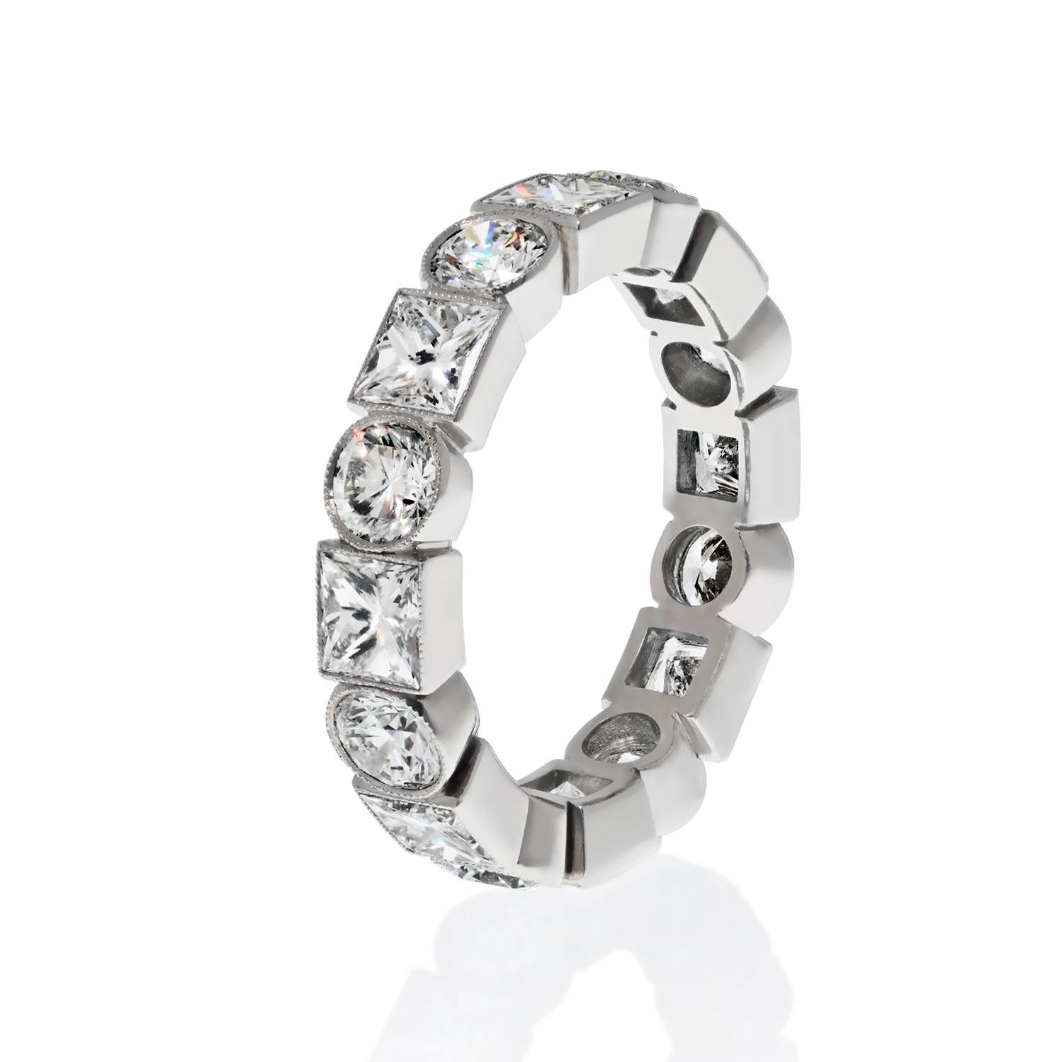 Round Cut Platinum 4.50cttw Bezel Set Round And Princess Cut Diamond Eternity Ring For Sale