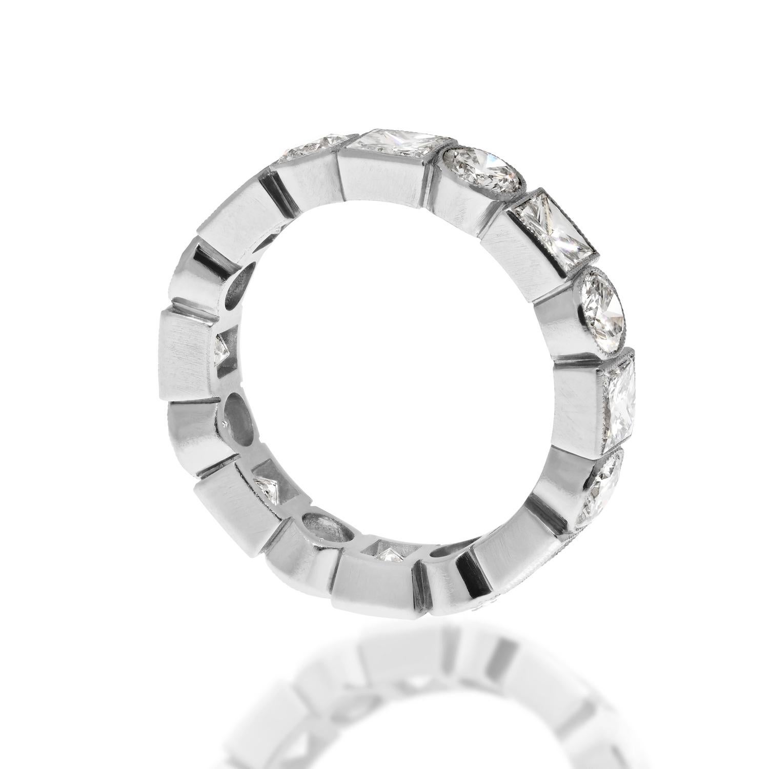 Platinum 4.50cttw Bezel Set Round And Princess Cut Diamond Eternity Ring In New Condition For Sale In New York, NY