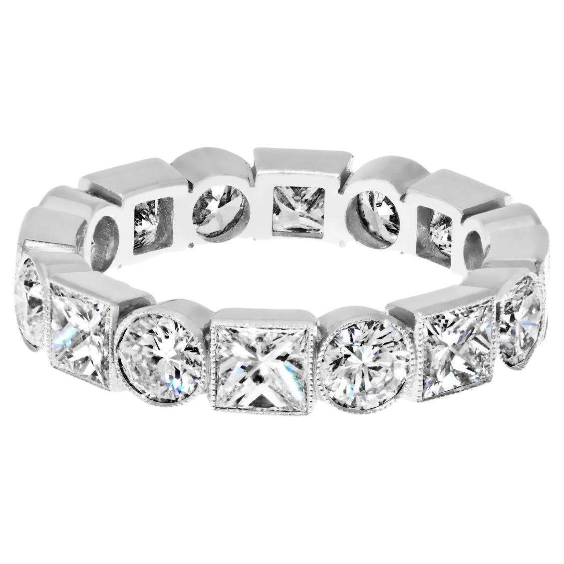Platinum 4.50cttw Bezel Set Round And Princess Cut Diamond Eternity Ring For Sale