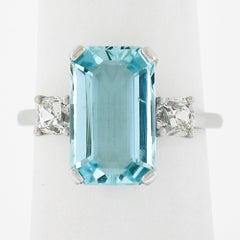 Platinum 4.55ctw Elongated Step Cut Aquamarine & Old Cut Diamond Cocktail Ring