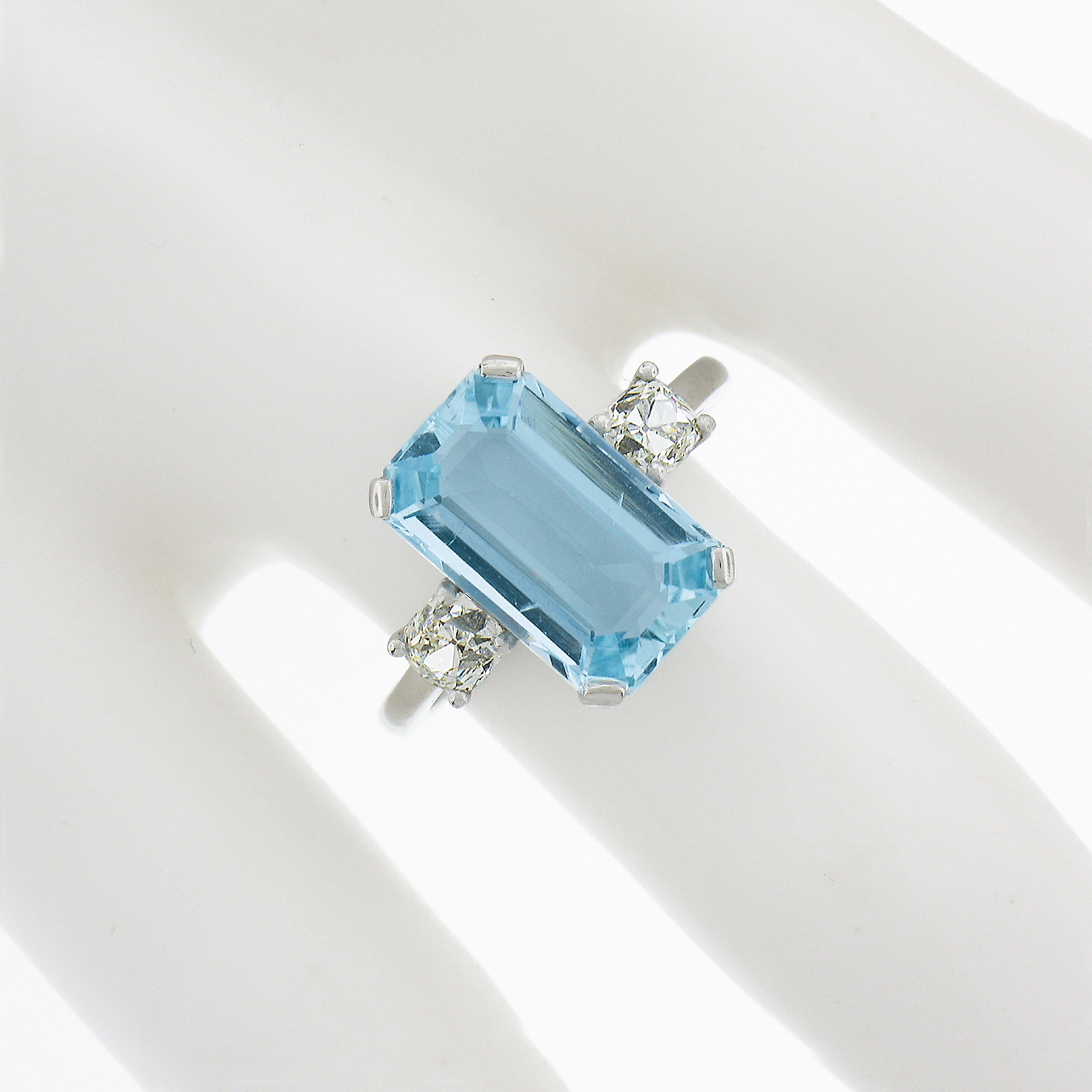 Platinum 4.55ctw Elongated Step Cut Aquamarine & Old Cut Diamond Cocktail Ring In New Condition For Sale In Montclair, NJ