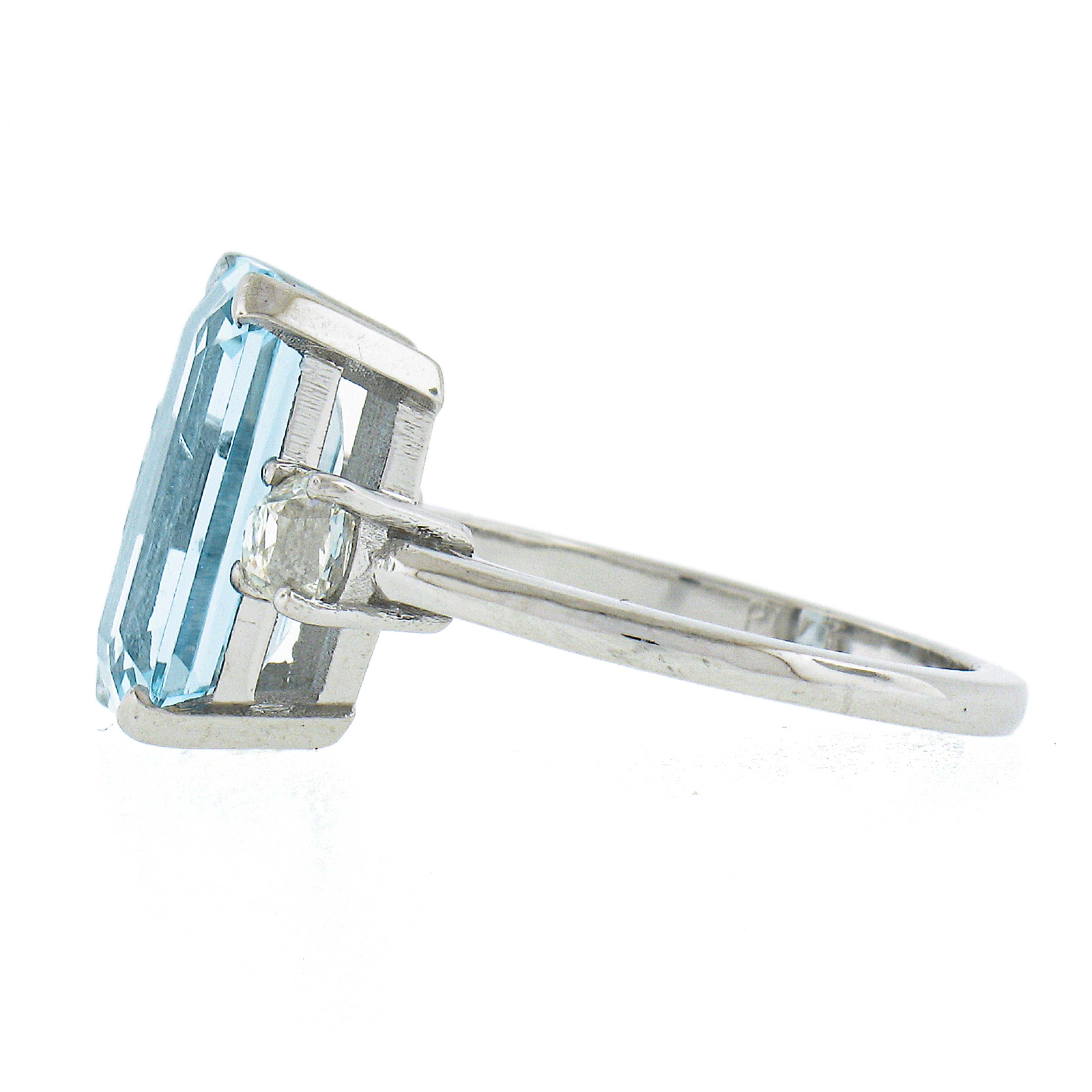 Platinum 4.55ctw Elongated Step Cut Aquamarine & Old Cut Diamond Cocktail Ring For Sale 1