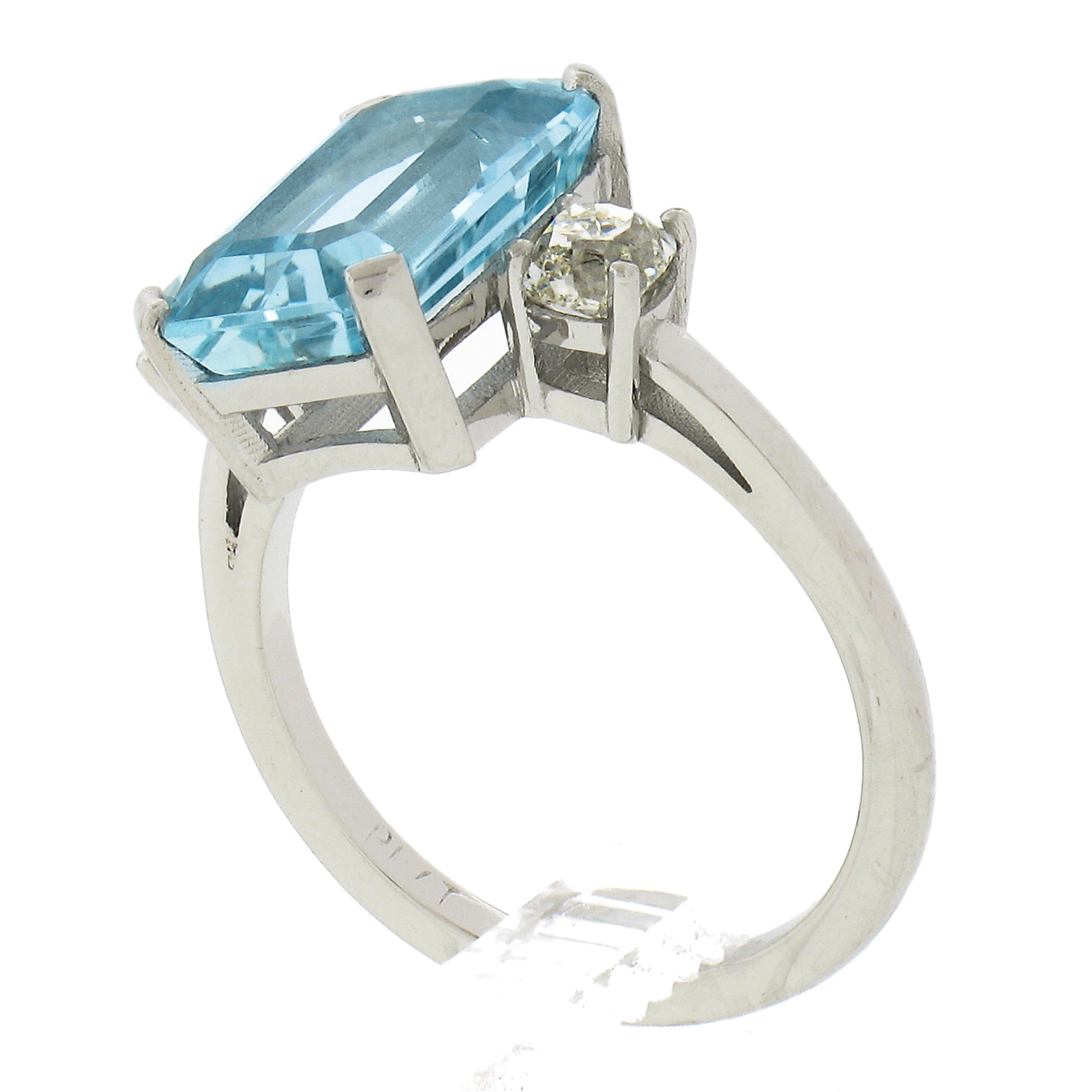 Platinum 4.55ctw Elongated Step Cut Aquamarine & Old Cut Diamond Cocktail Ring For Sale 4