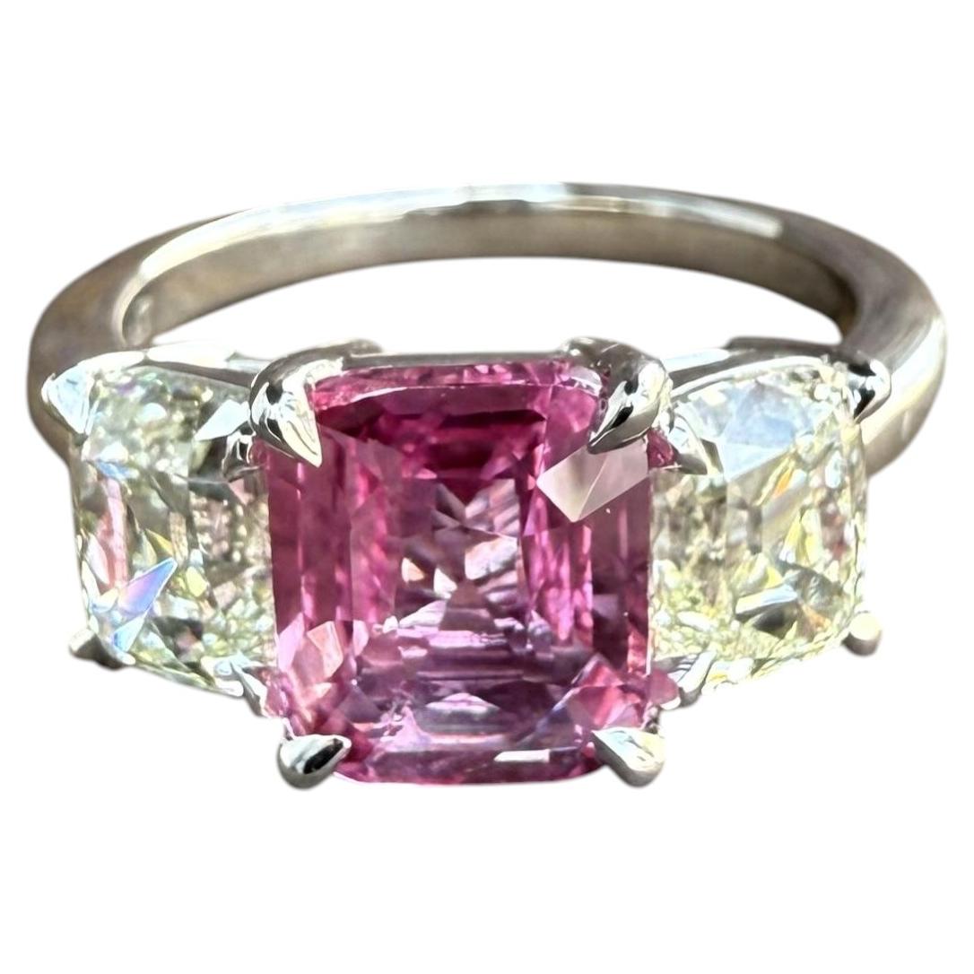 Platinum 4.55ctw GIA Vivid No Heat Pink Sapphire Old Mine Cut Diamond Sides Ring