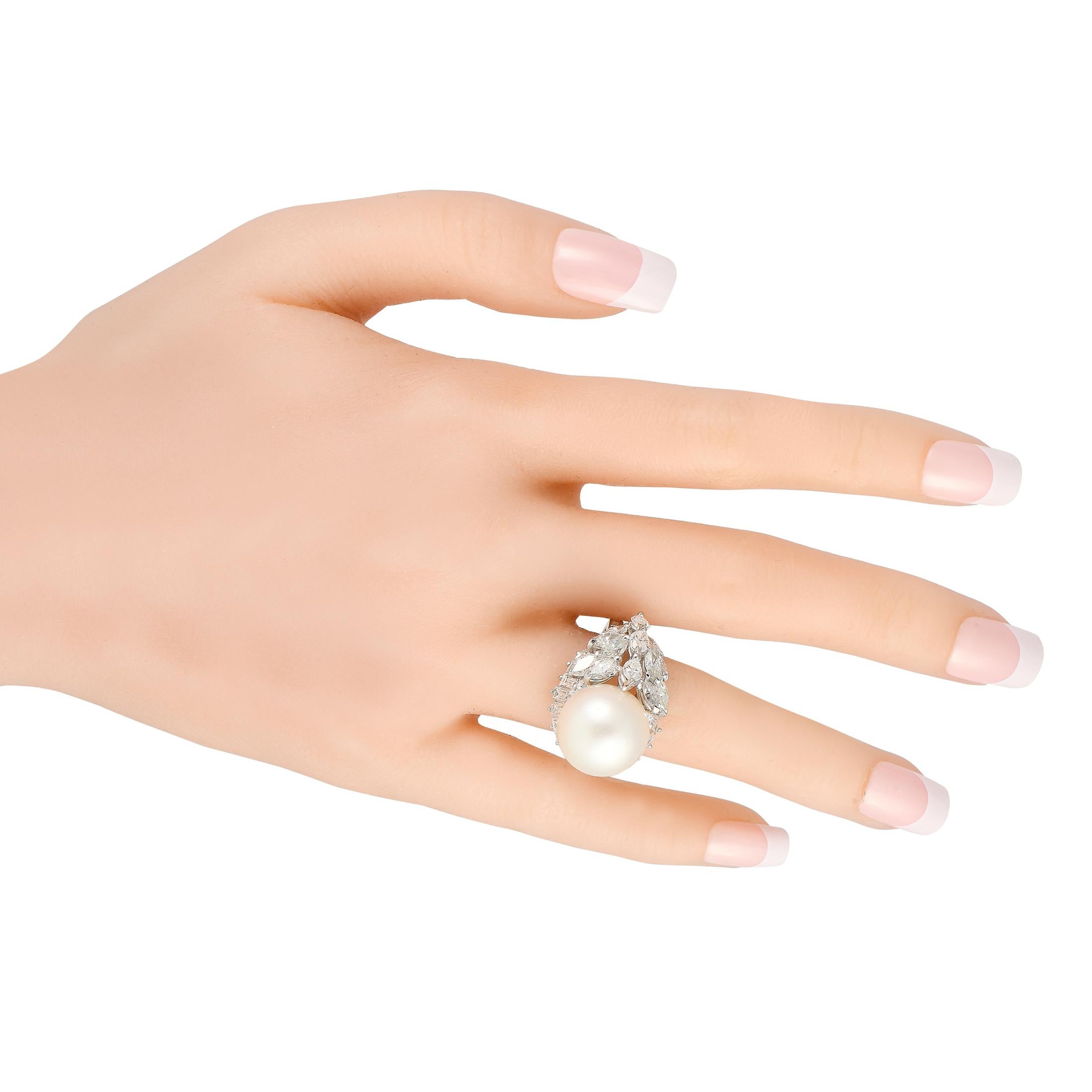Round Cut Platinum 4.65ct Diamond and Pearl Ring