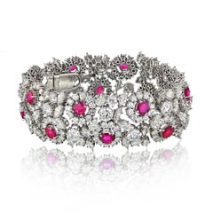 Platinum 47 Carats Diamond And Ruby Floral Motif Gemstone Bracelet