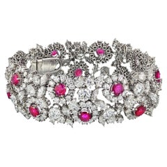 Platinum 47 Carats Diamond And Ruby Floral Motif Gemstone Bracelet