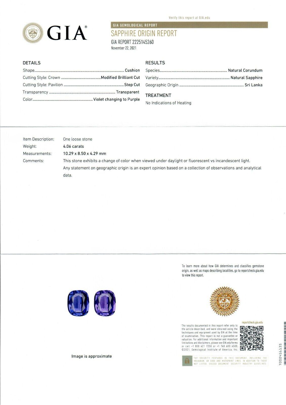Platinum 4.76ctw GIA Cushion Ceylon NO HEAT Color Change Sapphire & Diamond Ring 6