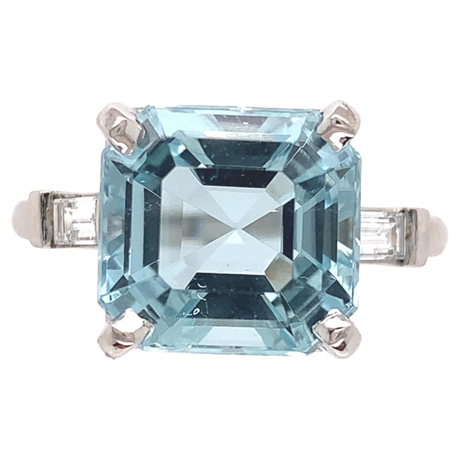 Platinum 4.80 carat Asscher Cut Aquamarine and Diamond Ring size 6.5