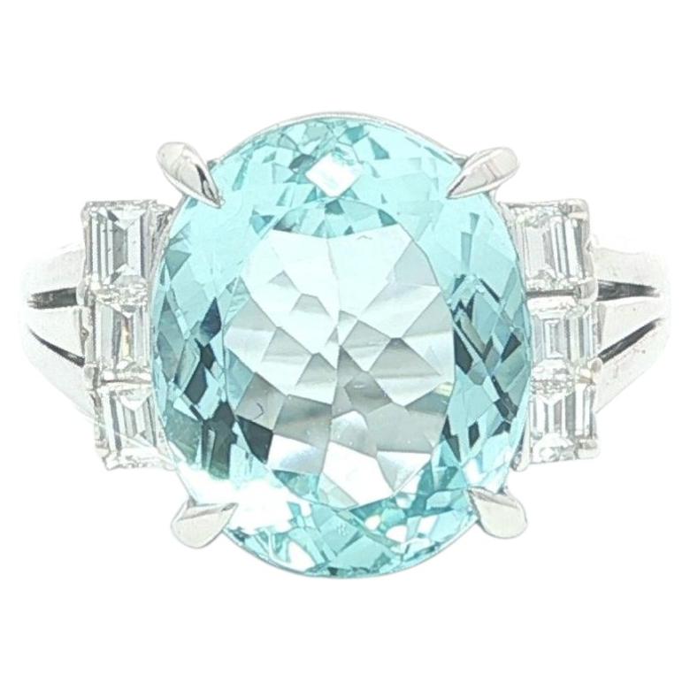 Platinum 4.84ctw Oval Aquamarine & Step Cut Diamond Sides Classic Ring
