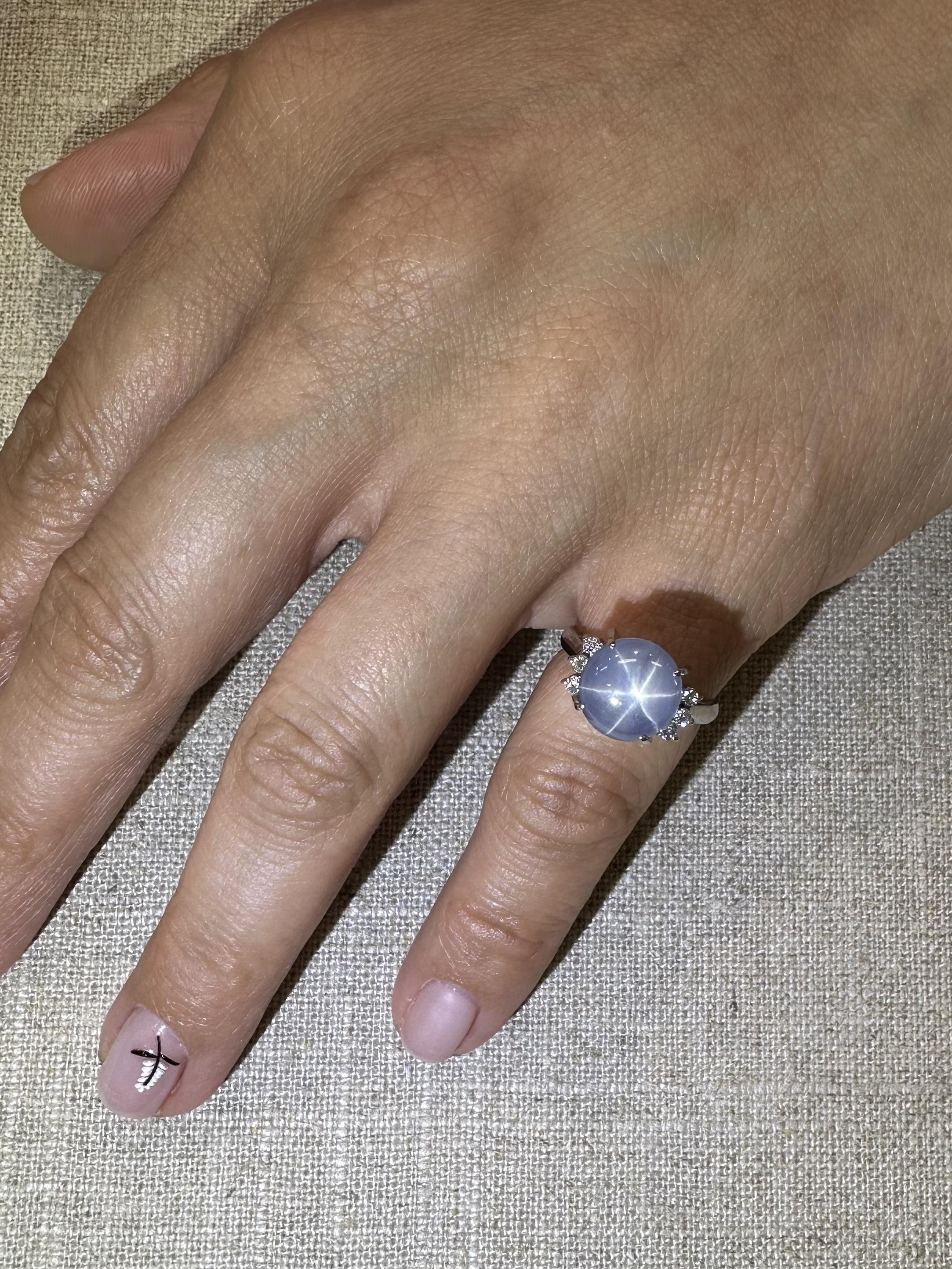 Platin 4,85ctw Cabochon Vivid Star Sapphire & Diamant Seiten Ring im Angebot 8