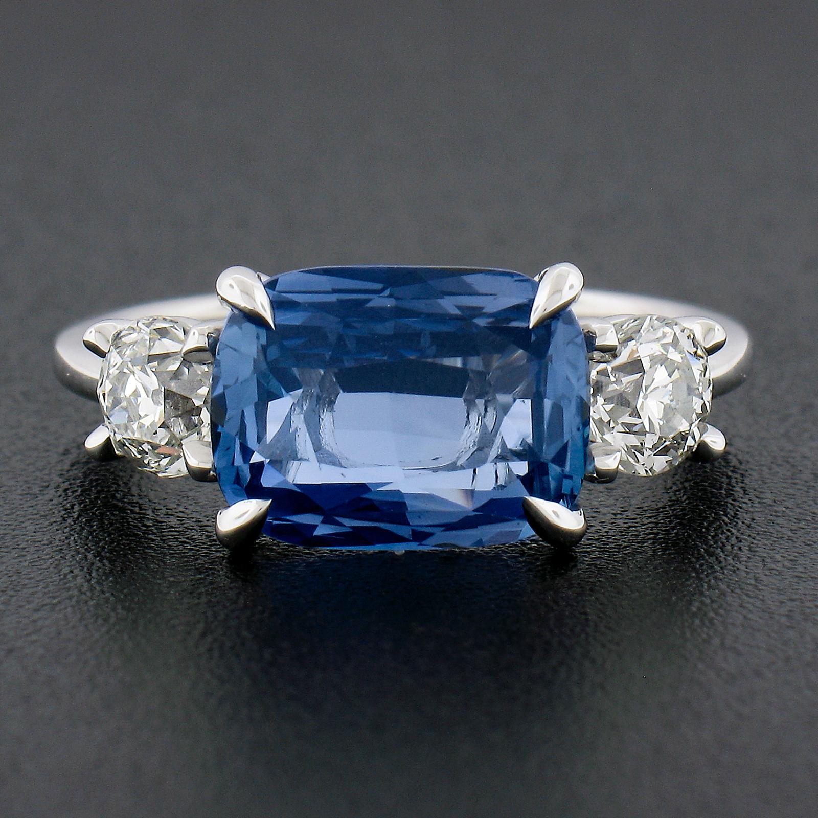 Cushion Cut Platinum 4.94ctw GIA Ceylon NO HEAT Sideways Blue Sapphire & Round Diamond Ring For Sale