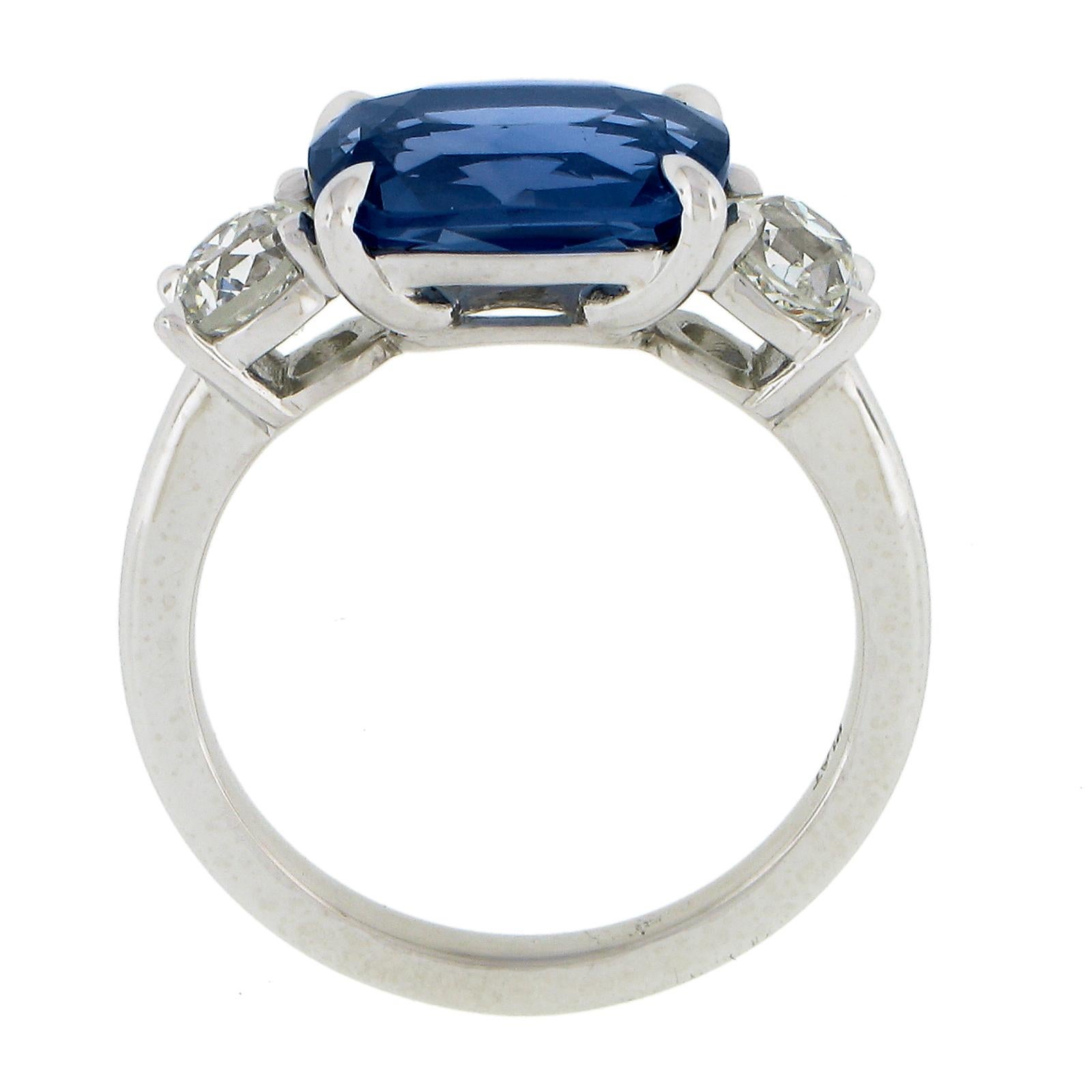 Platinum 4.94ctw GIA Ceylon NO HEAT Sideways Blue Sapphire & Round Diamond Ring For Sale 3