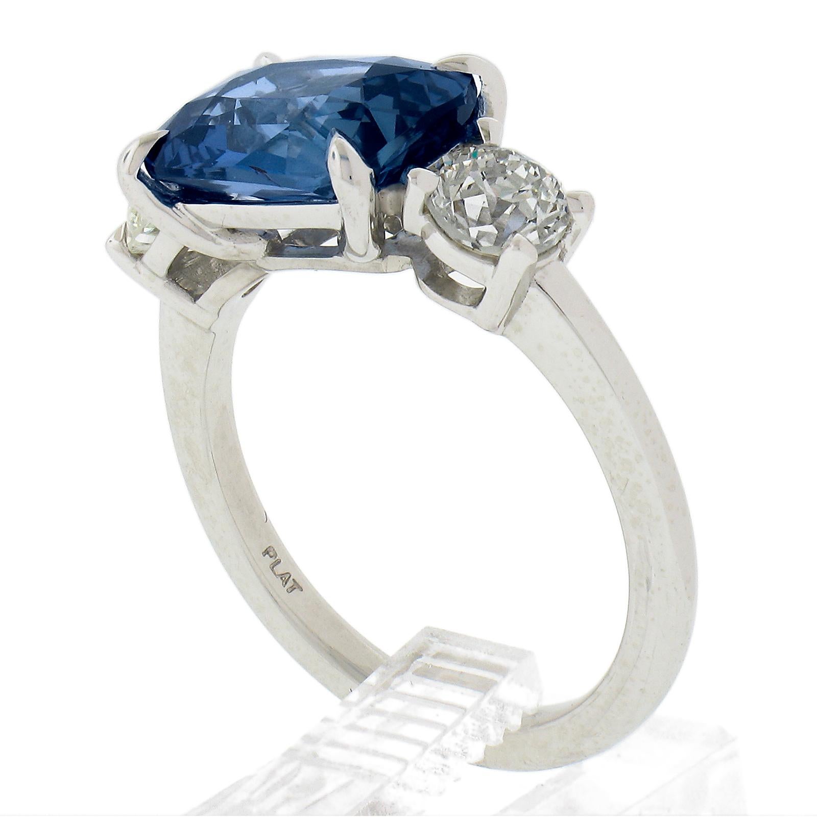 Platinum 4.94ctw GIA Ceylon NO HEAT Sideways Blue Sapphire & Round Diamond Ring For Sale 4