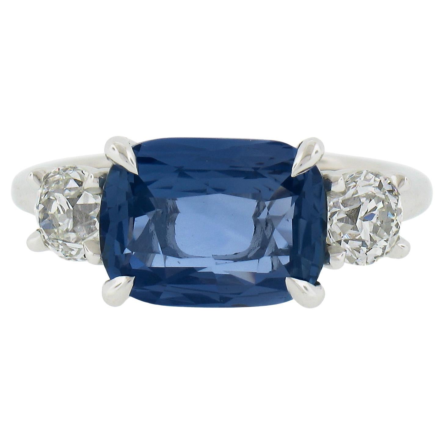 Platinum 4.94ctw GIA Ceylon NO HEAT Sideways Blue Sapphire & Round Diamond Ring