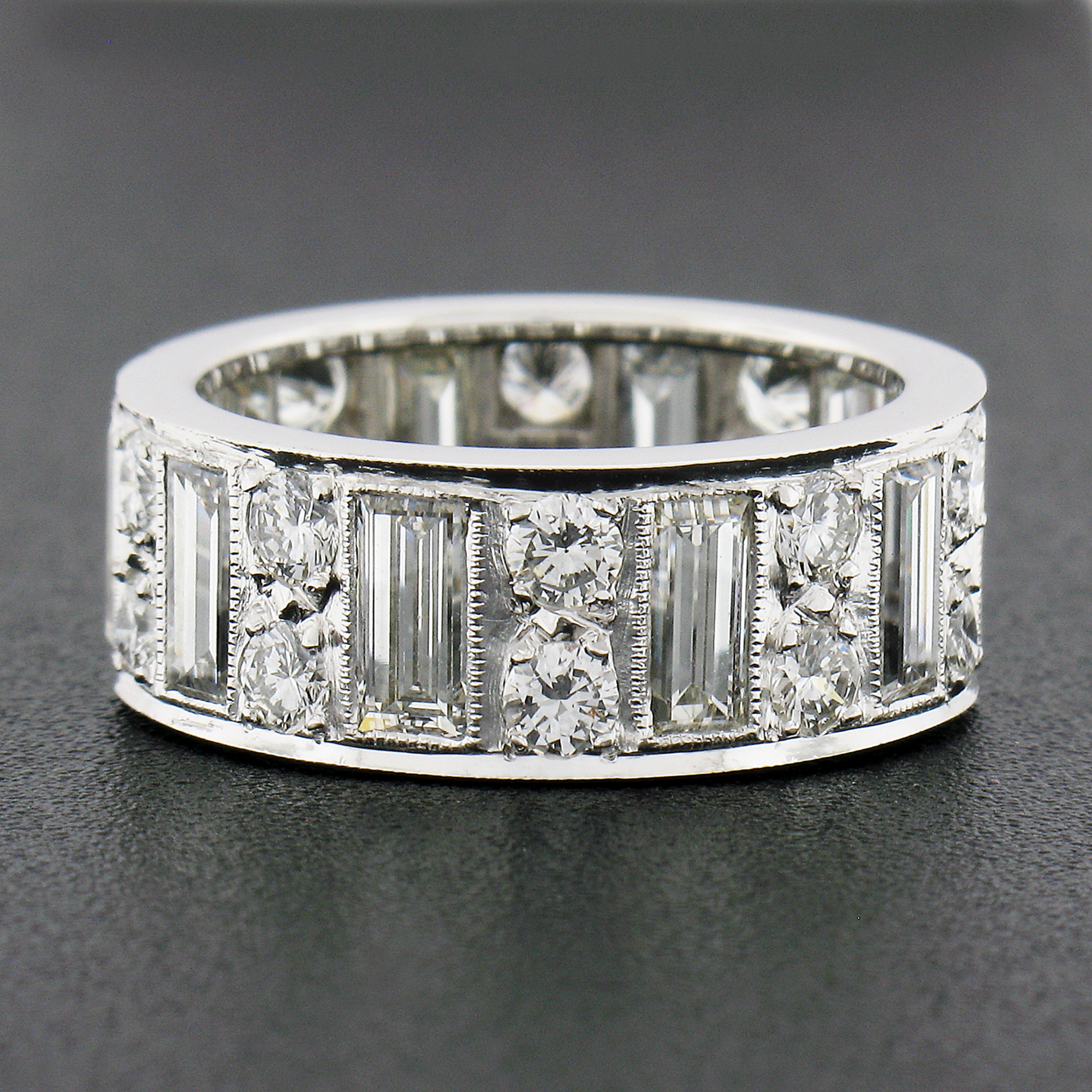 Art Deco Platinum 4ctw Straight Baguette & Round High Quality Diamond Eternity Band Ring For Sale
