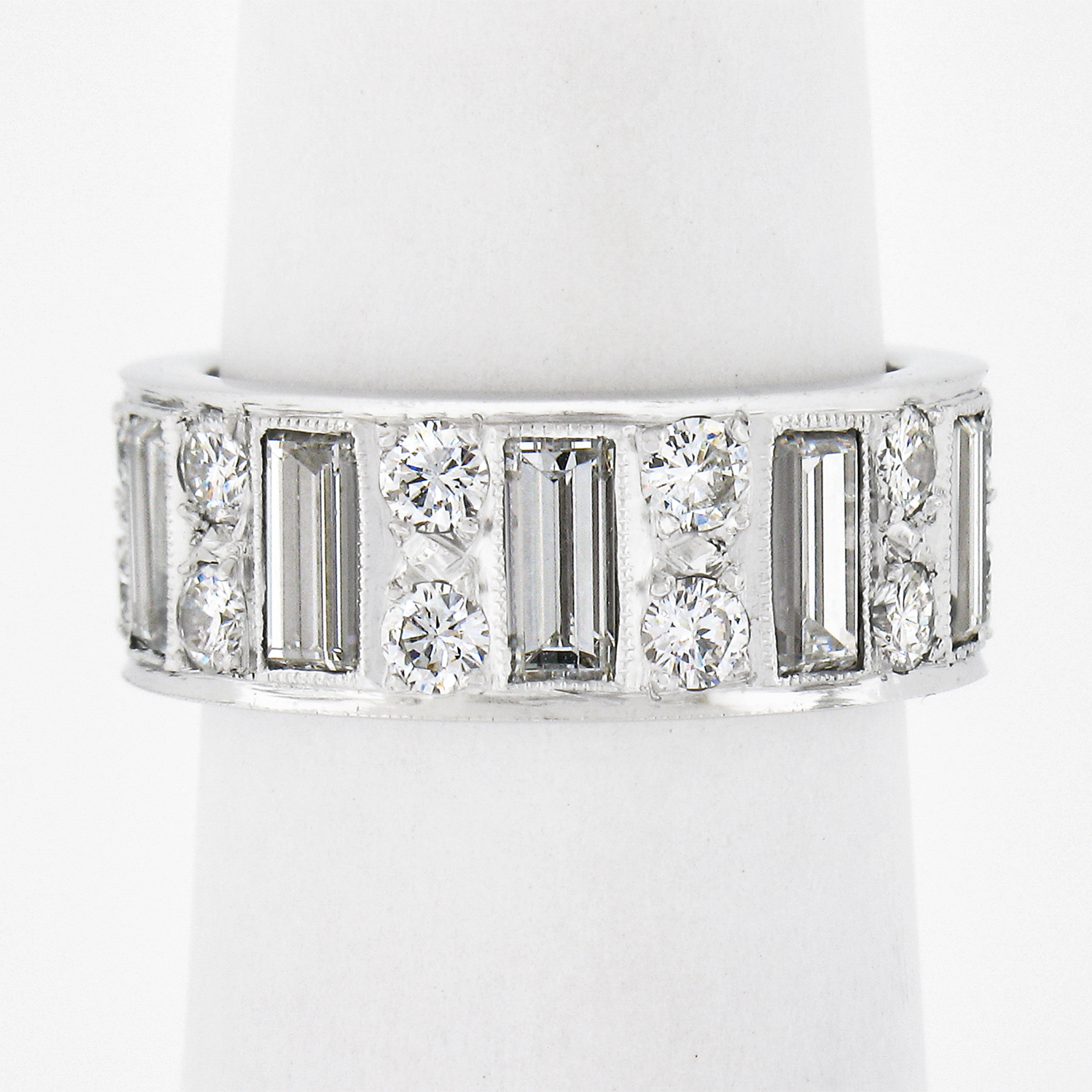 Baguette Cut Platinum 4ctw Straight Baguette & Round High Quality Diamond Eternity Band Ring For Sale