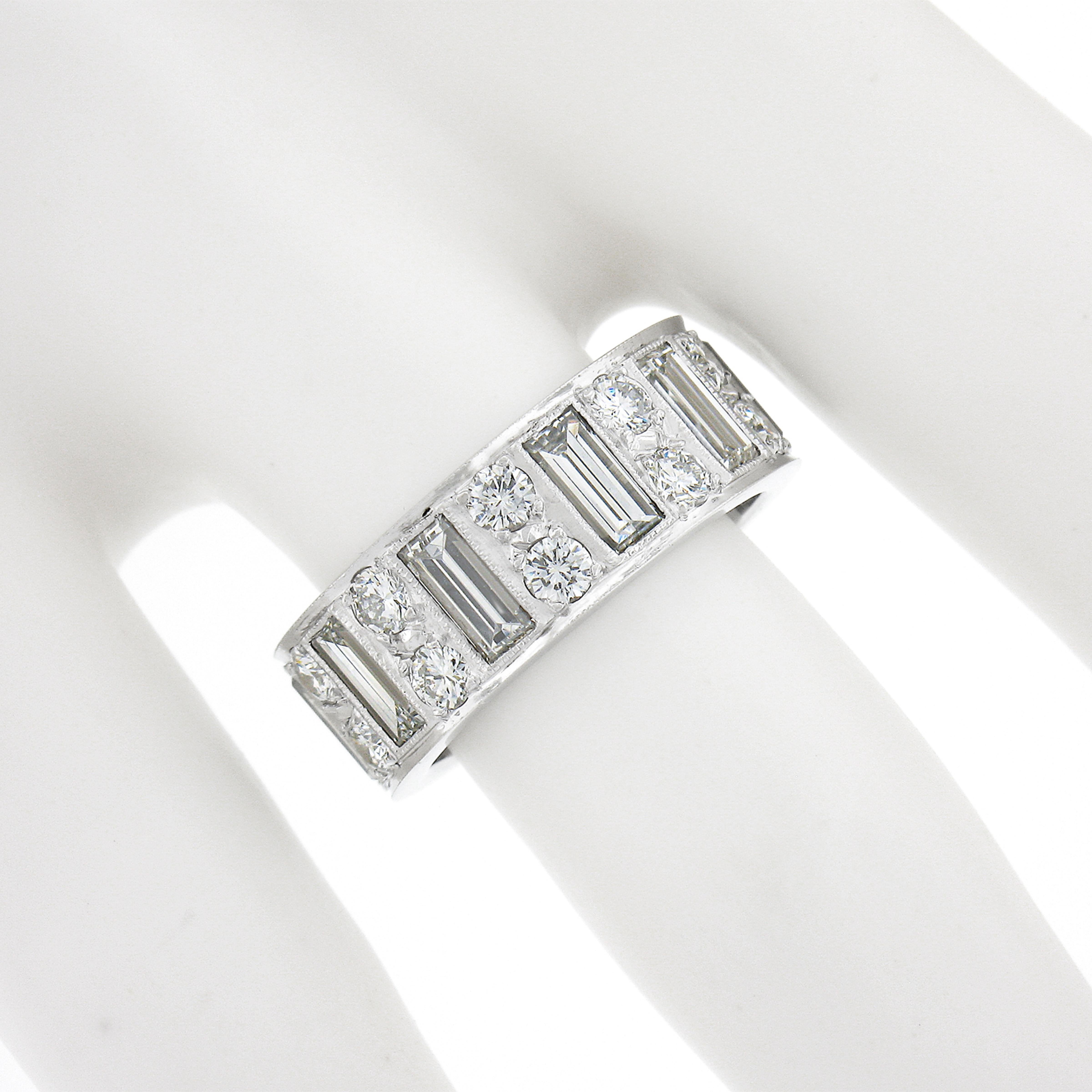 Platinum 4ctw Straight Baguette & Round High Quality Diamond Eternity Band Ring For Sale 1