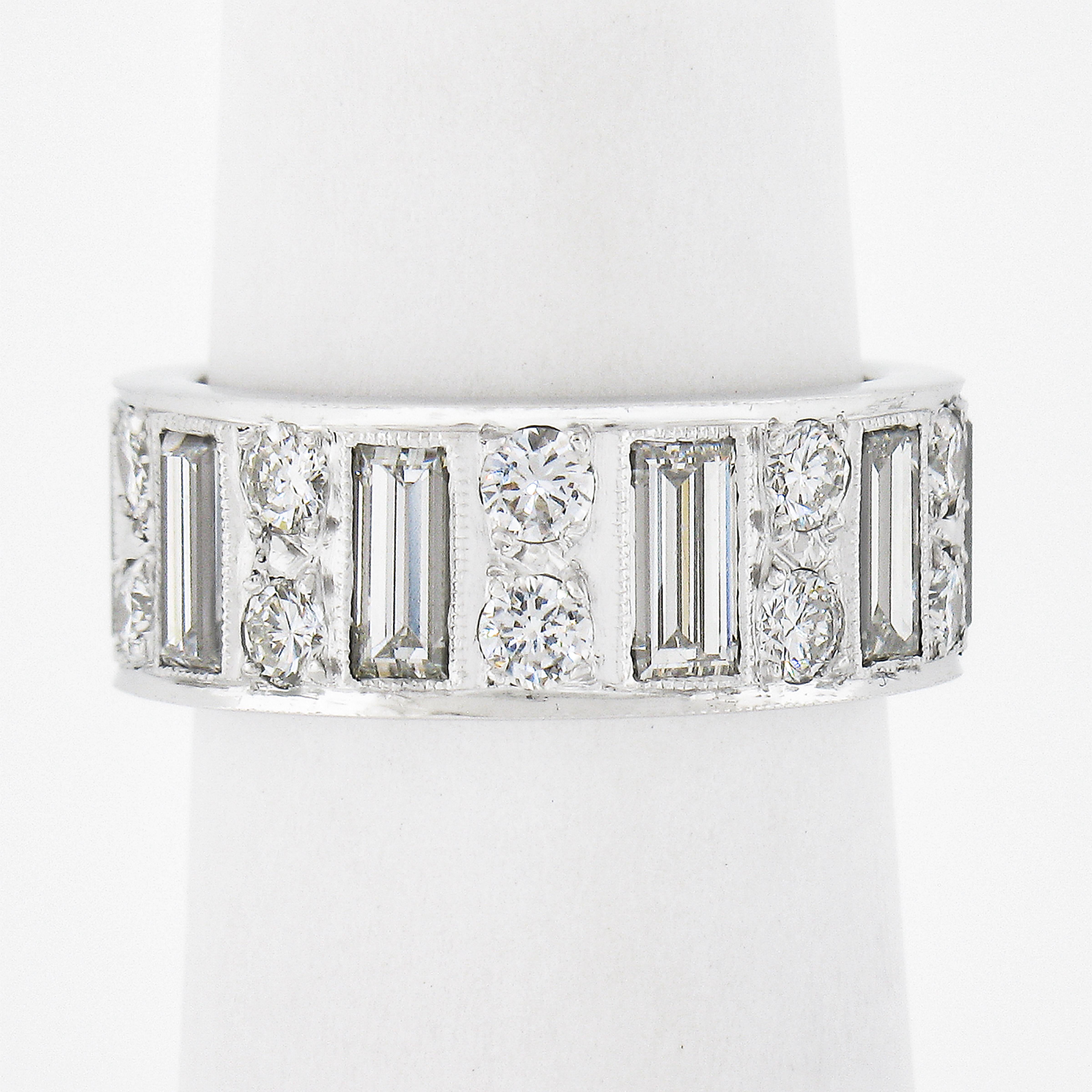 Platinum 4ctw Straight Baguette & Round High Quality Diamond Eternity Band Ring For Sale 2