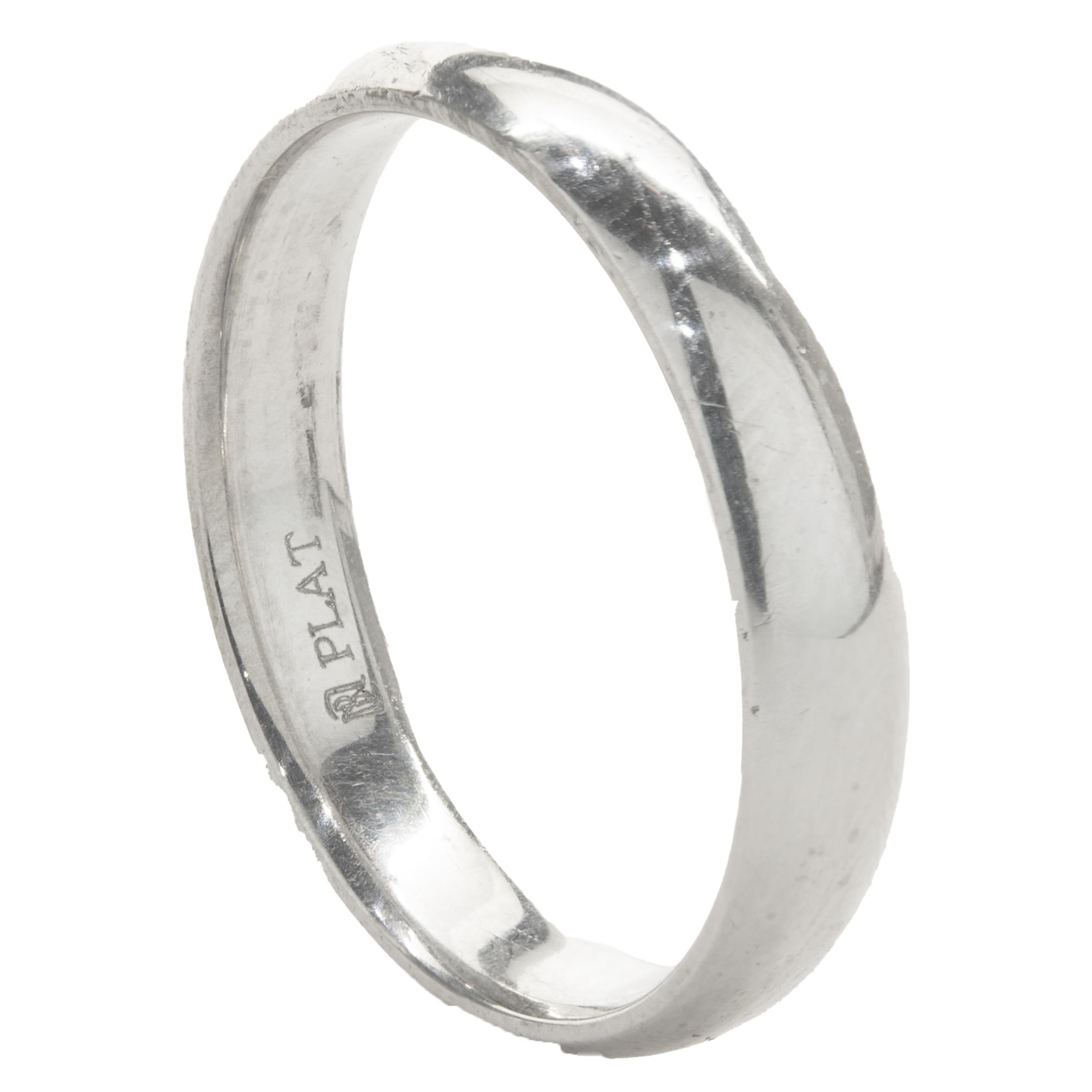 Designer: custom design
Material: platinum 
Dimensions: band measures 4mm wide
Weight: 6.48 grams
Size: 9 (complimentary sizing available) 